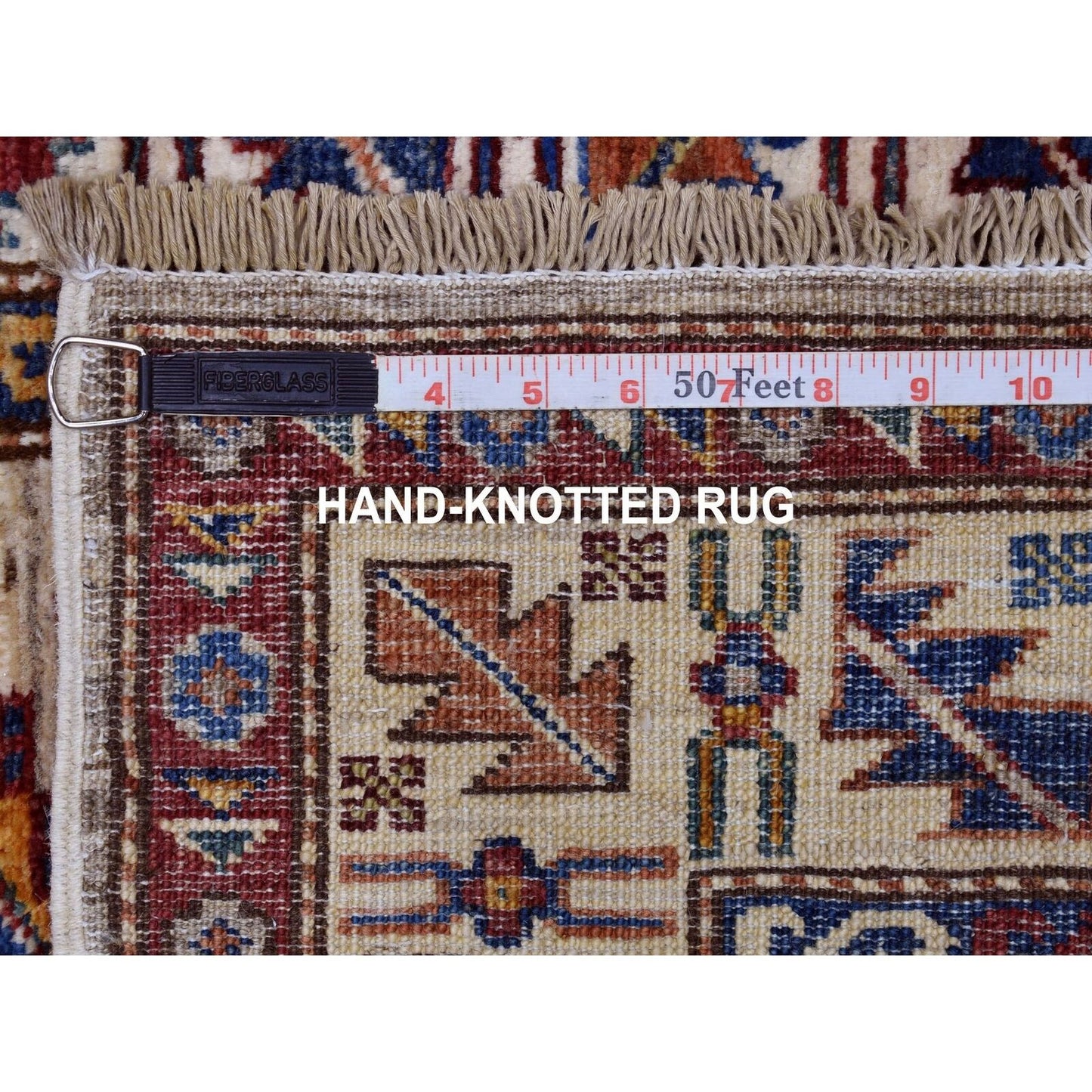 2'8"X10' Beige Geometric Design Natural Wool Super Kazak Hand-Knotted Rug
