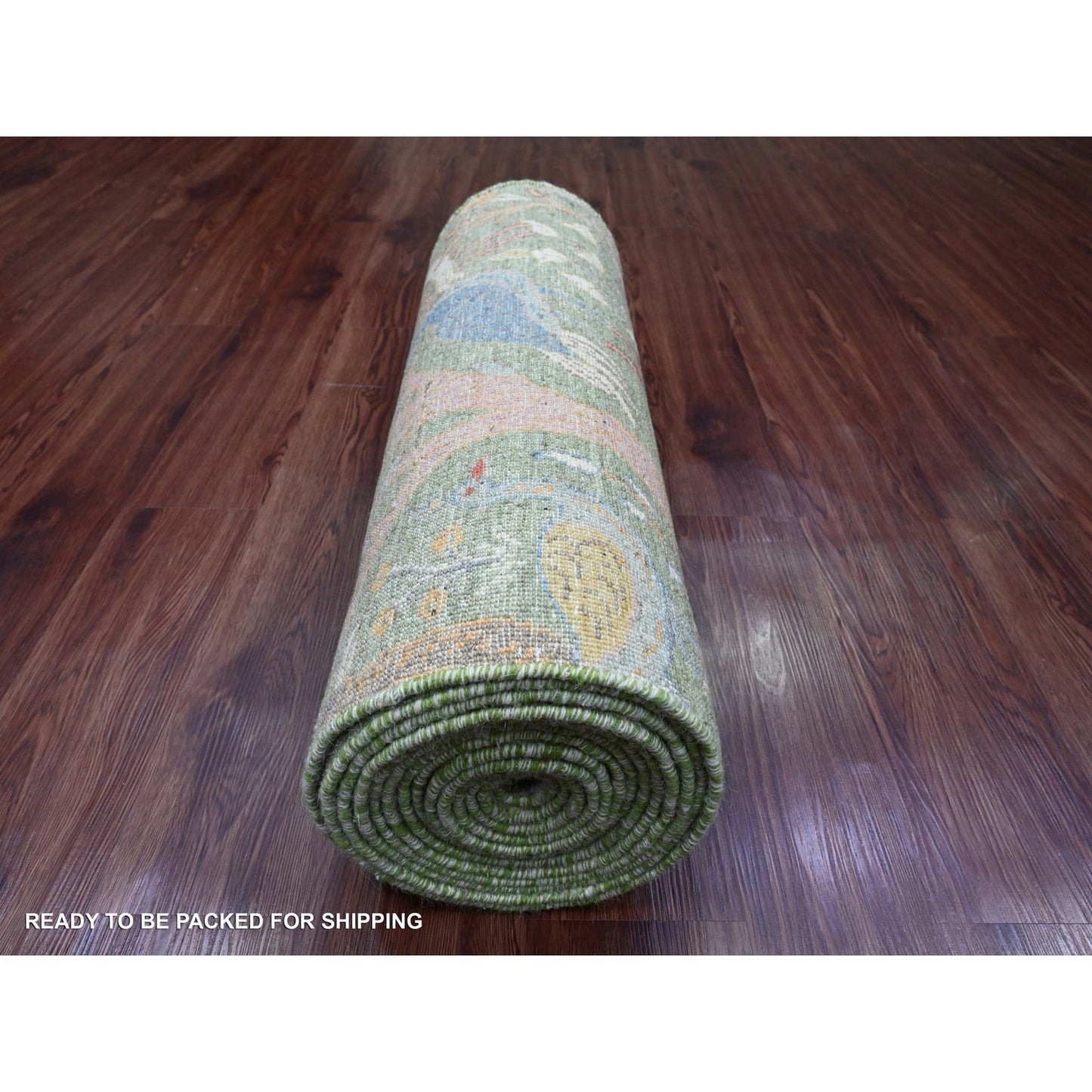 2'7"X19'9" Green Wool Afghan Peshawar Bird Design Hand Knotted Runner Rug
