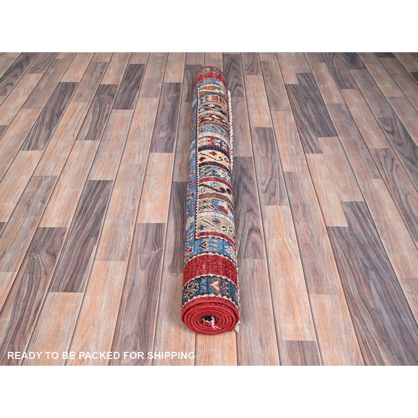 4'2"X5'9" Gilded Beige Super Kazak Shawl Design Wool Hand Knotted Rug