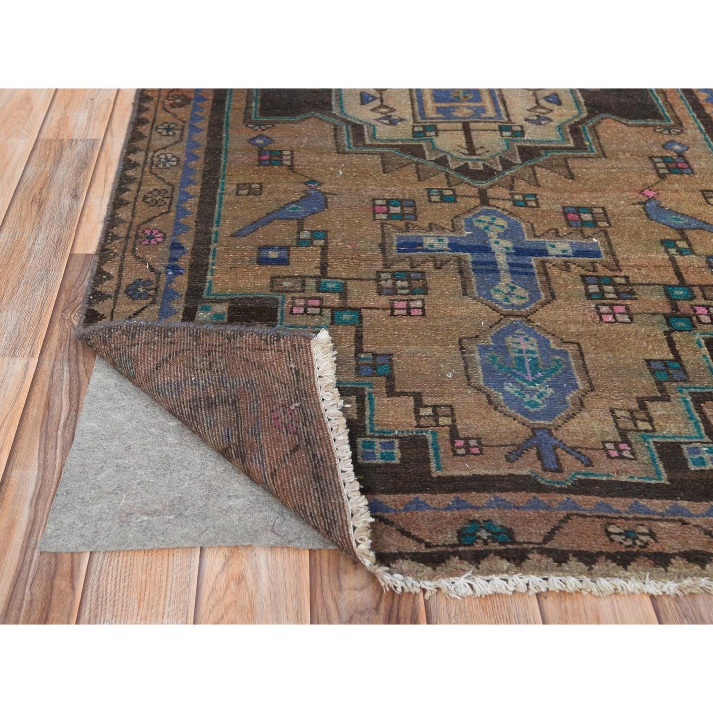 3'4"X9'3" Brown Hand Knotted Vintage Farsian Worn Wool Wide Runner Rug