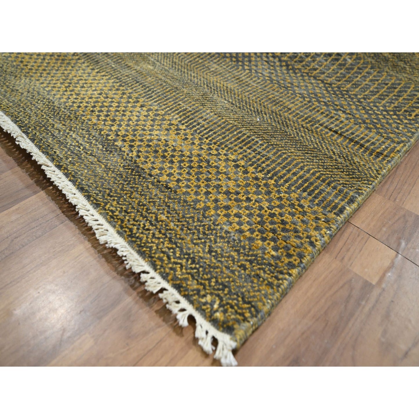 9'2"X12'6" Bone Brown Modern Grass Design Hand Knotted Wool And Silk Rug