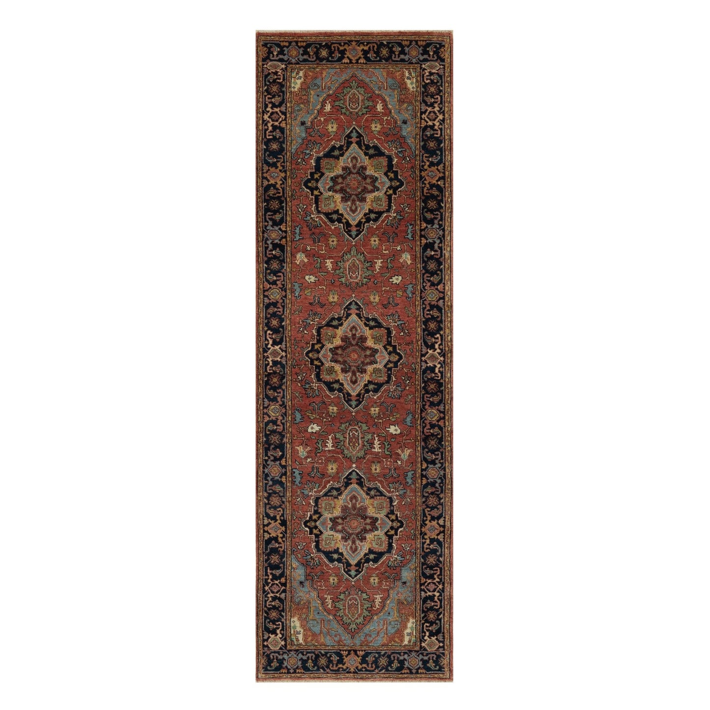 2'6"X8'3" Red Antiqued Heriz Re-Creation All Wool Hand Knotted Runner Rug
