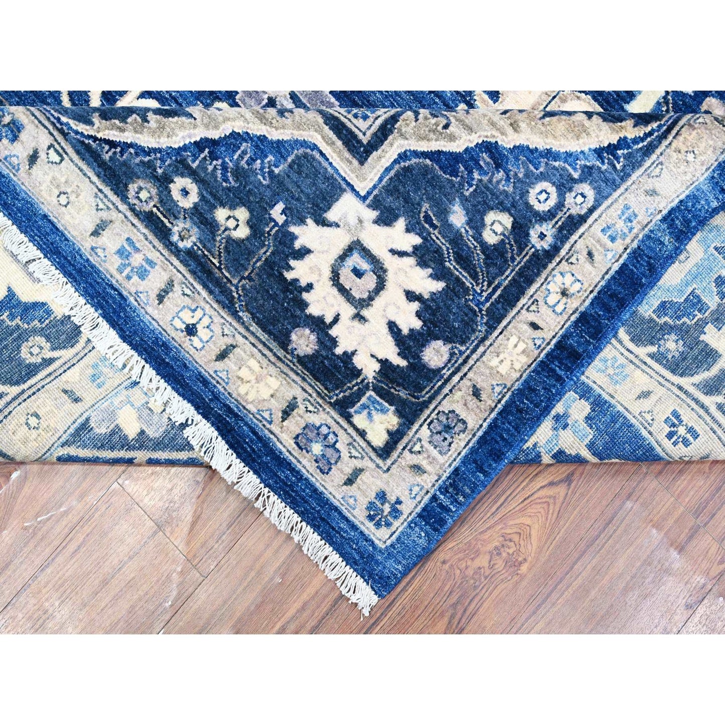 9'X11'7" Blue Hand Knotted 100% Wool Peshawar Heris Design Oriental Rug