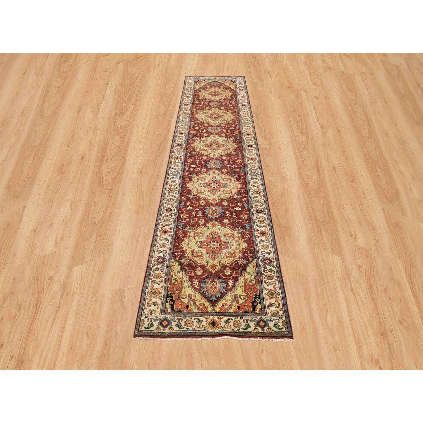 2'7"X12' Red Fine Heris Re-Creation Wool Hand Knotted Runner Rug
