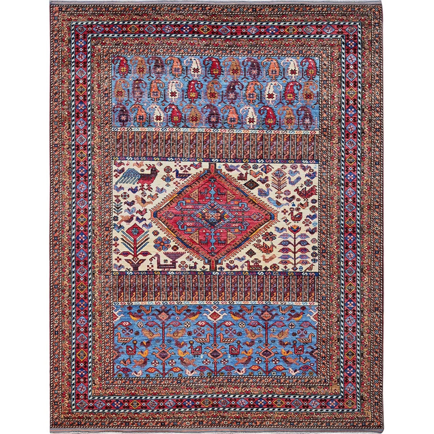 8'6"X10'8" White Hand Knotted Afghan Caucasian Design Revival Soft Wool Rug
