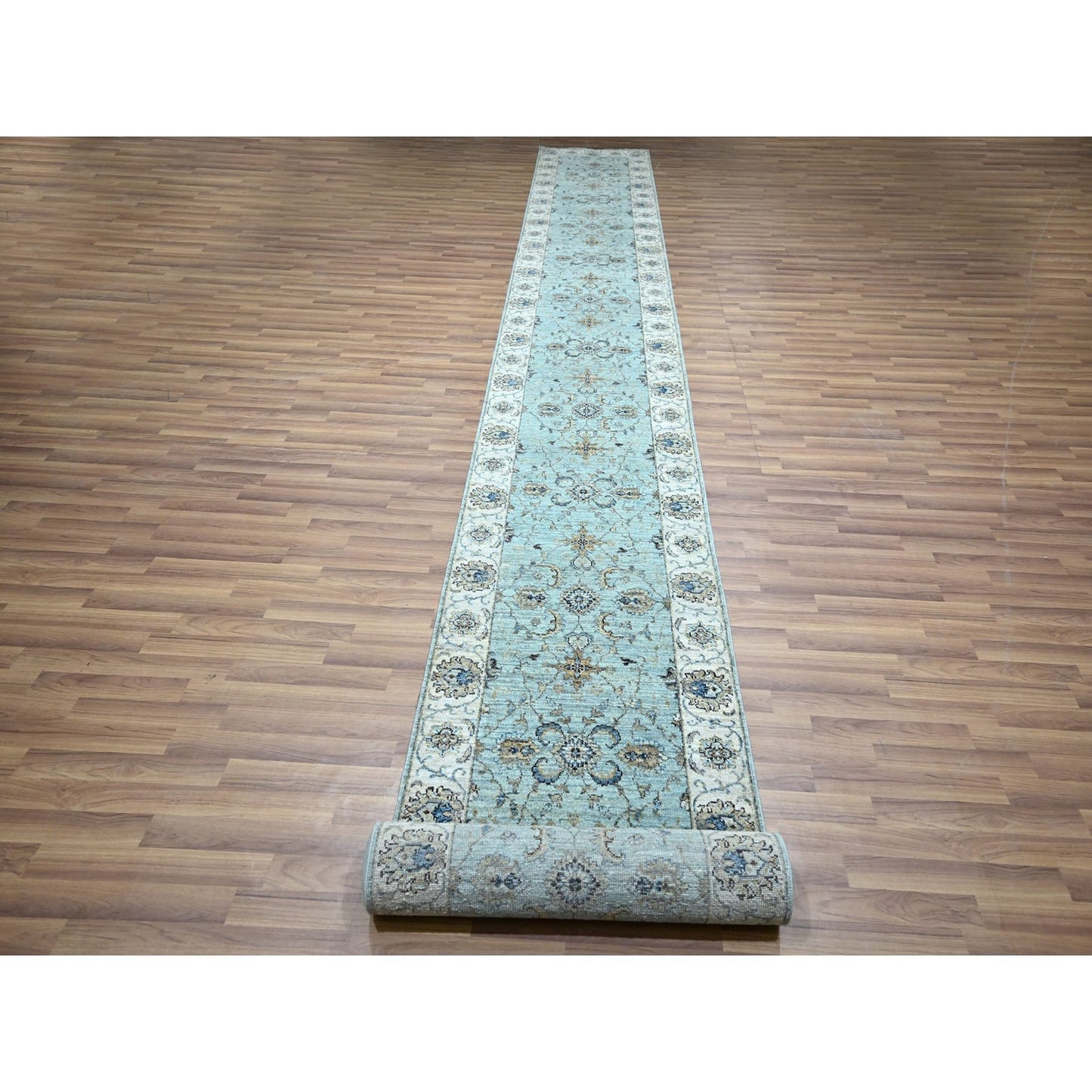 2'7"X22' Sky Blue Hand Knotted Agra Flower Design Pure Wool Xl Runner Rug