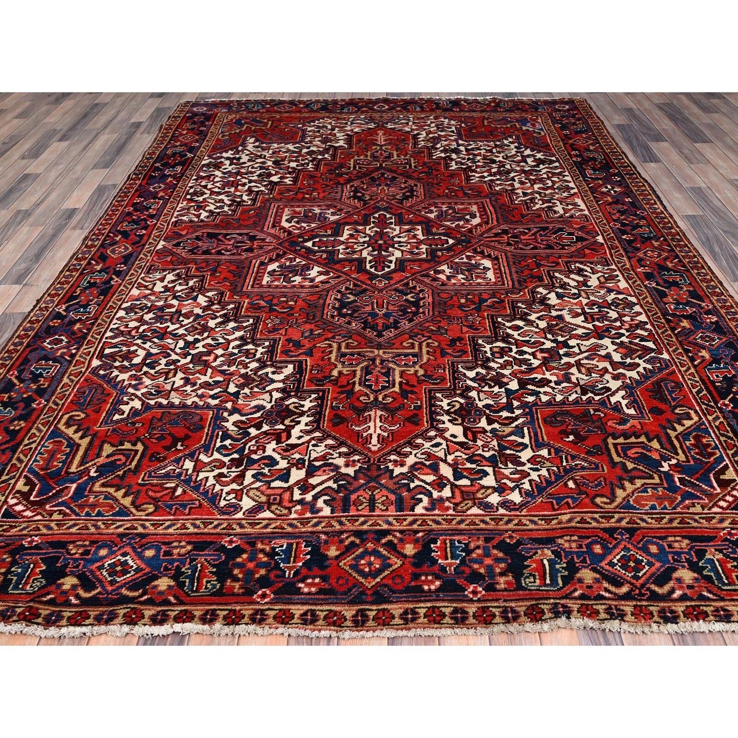7'4"X10'2" Red Hand Knotted Vintage Oriental Heris Village Motifs Rug