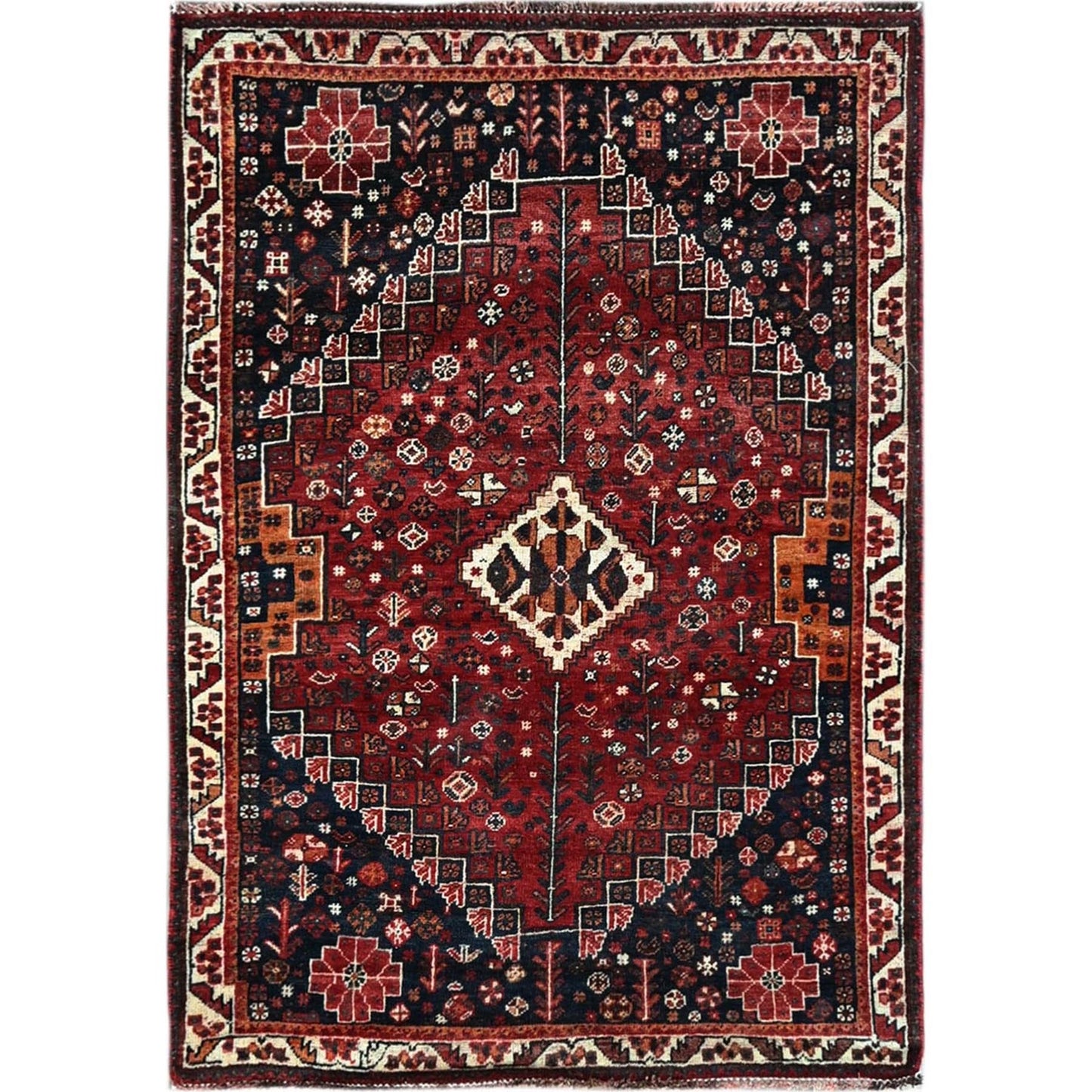 3'6"X5'1" Scarlet Red Vintage Zoroastrian Sheeraz Hand Knotted All Wool Rug