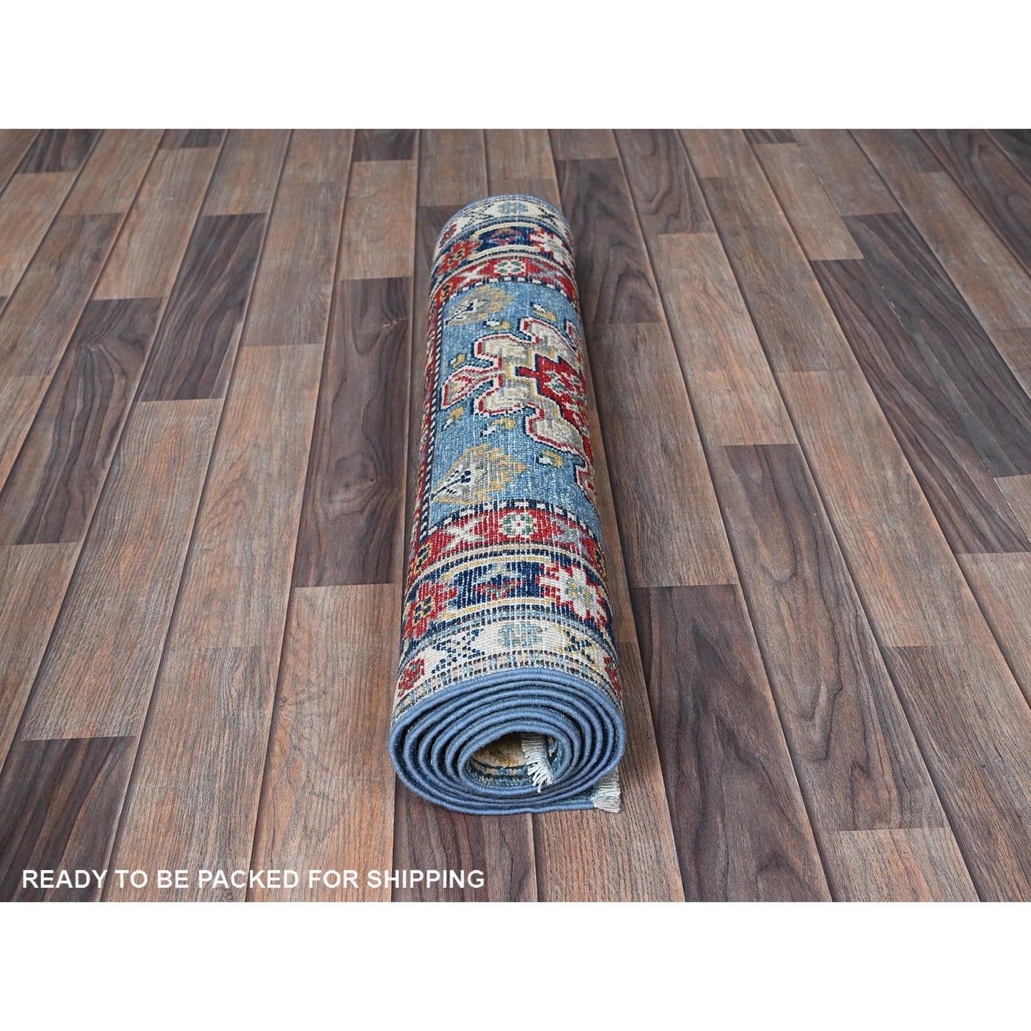 2'7"X6'7" Blue Kazak With Tribal Design Soft Wool Hand Knotted Runner Rug