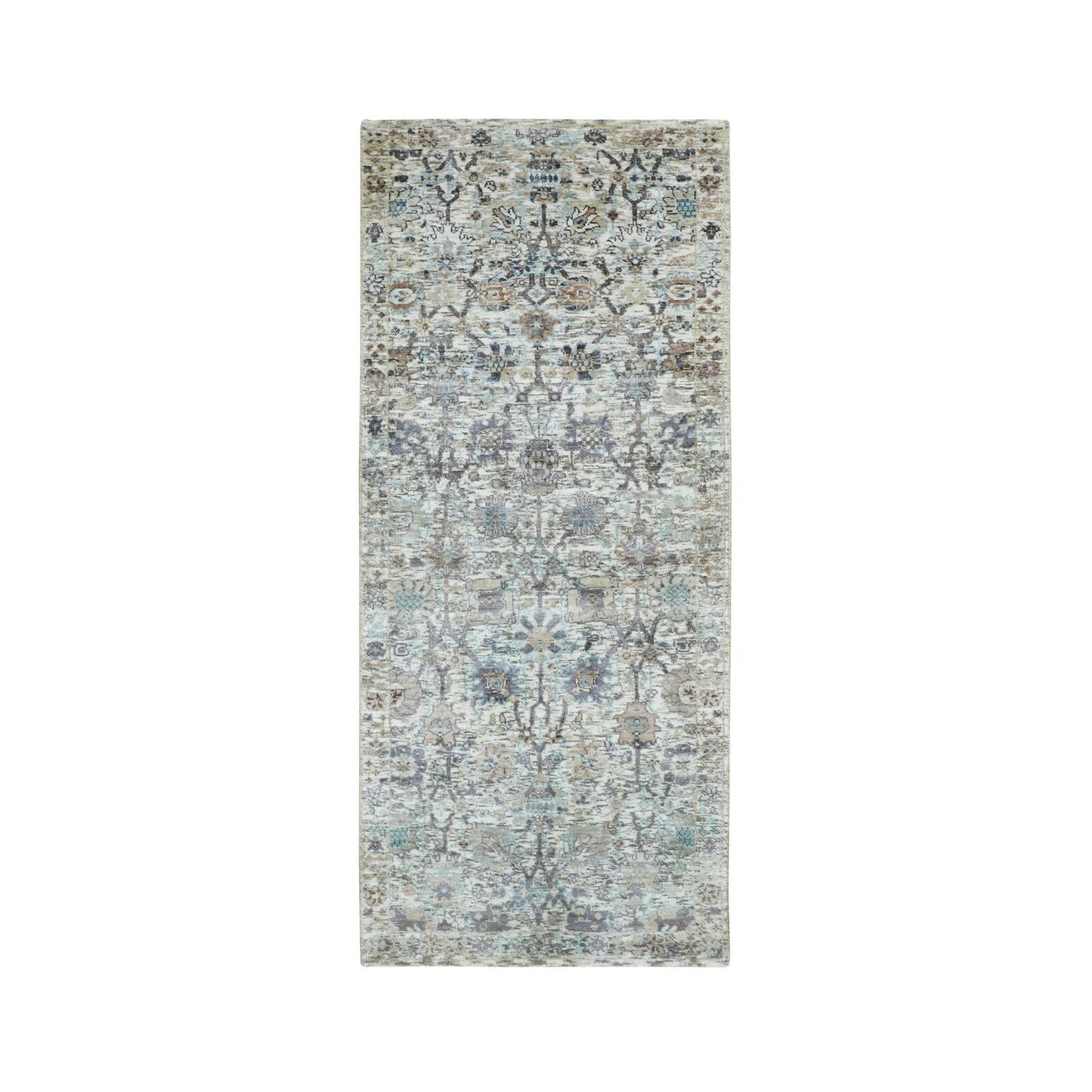 2'6"X6'2" Ivory Silk With Textured Wool Hand Knotted Runner Fine Rug