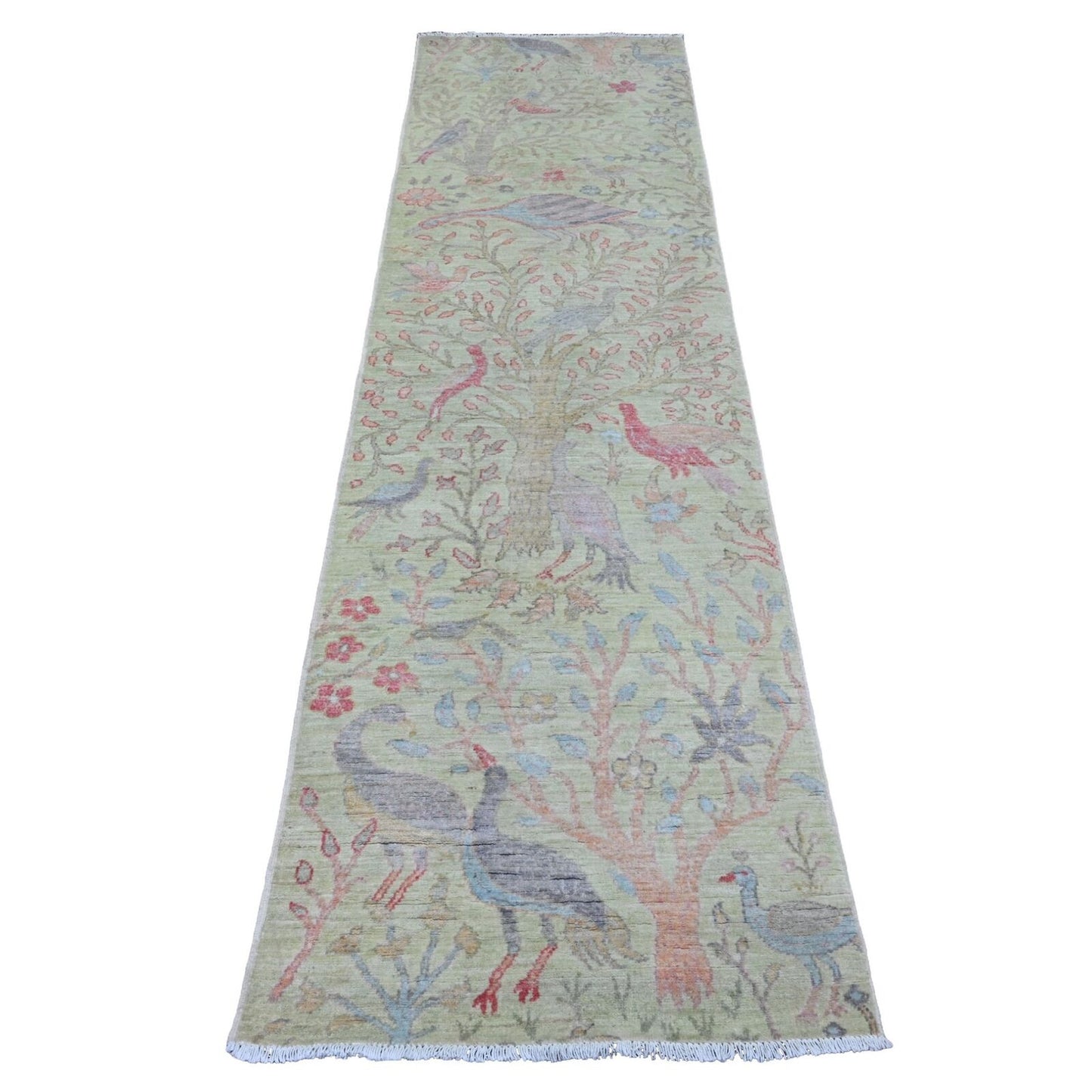 2'7"X9'8" Green Afghan Peshawar Birds Design Hand Knotted Wool Runner Rug