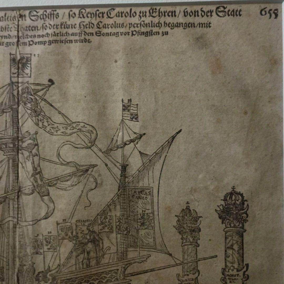 Sebastian Munster Woodcut 1628 Ship Of Emperor Charles V Rare Antique Print