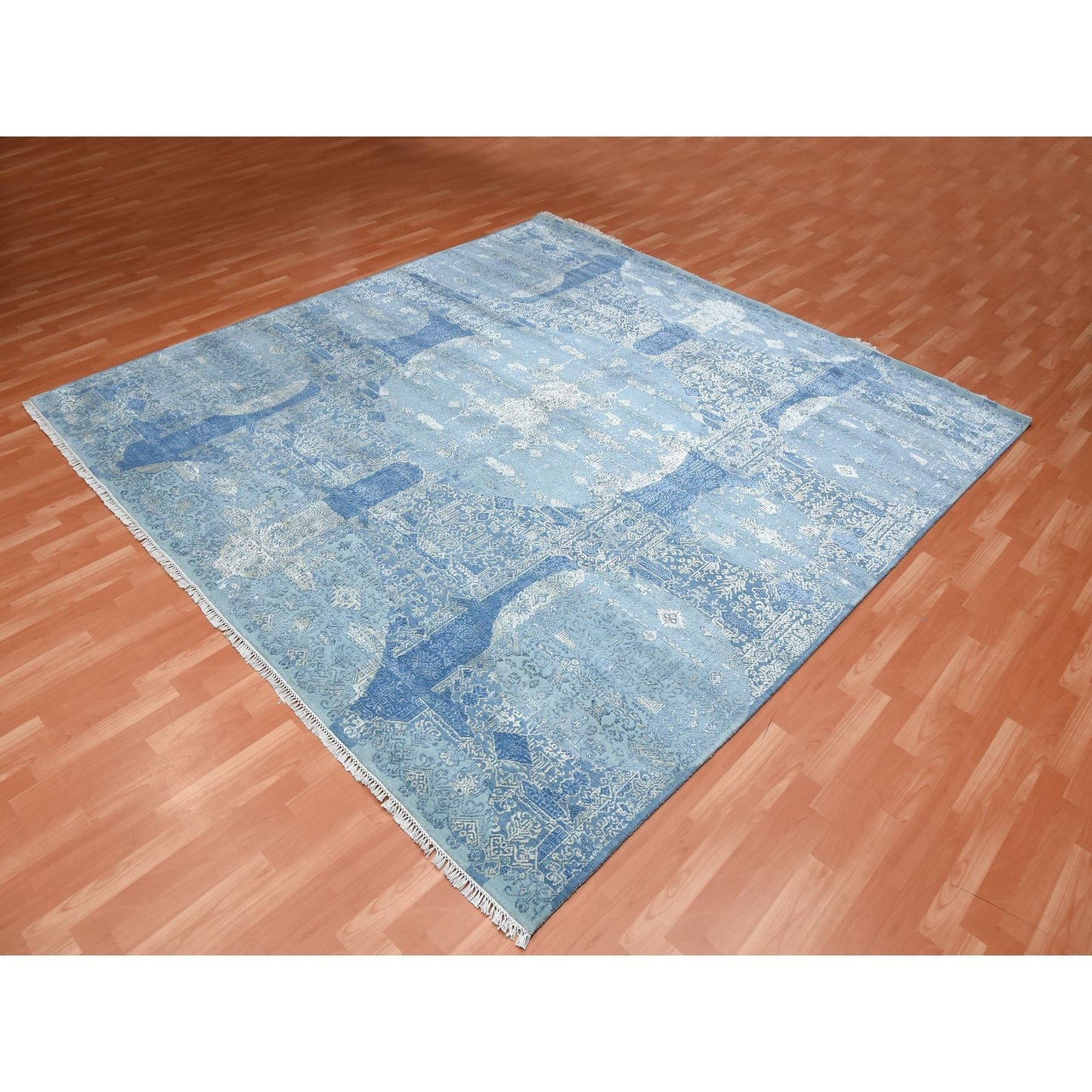 10'2"X10'2" Blue, Hand Knotted Jewellery Design, Wool And Silk Square Rug