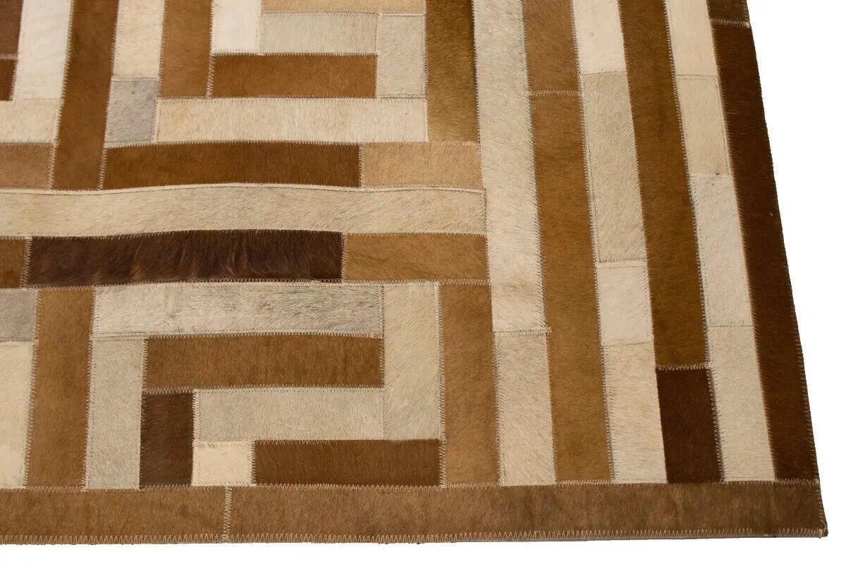 Handcrafted Brown Beige Cowhide Leather Rug