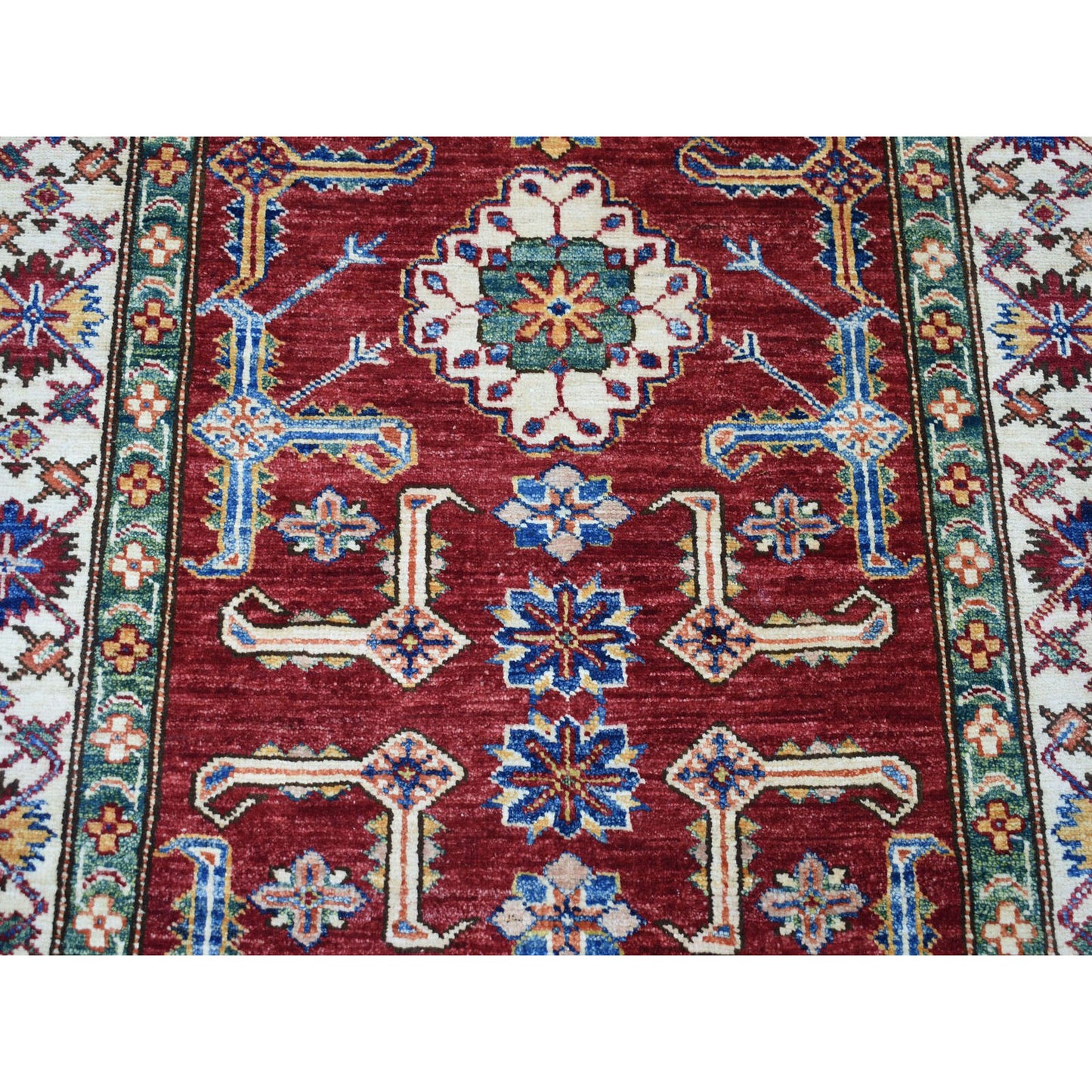 3'5"X19'3" Red Super Kazak Geometric Design Hand-Knotted Xl Runner Rug