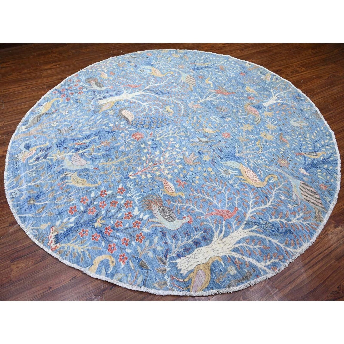 10'4"X10'4" Blue Hand Knotted Organic Wool Afghan Peshawar Round Rug