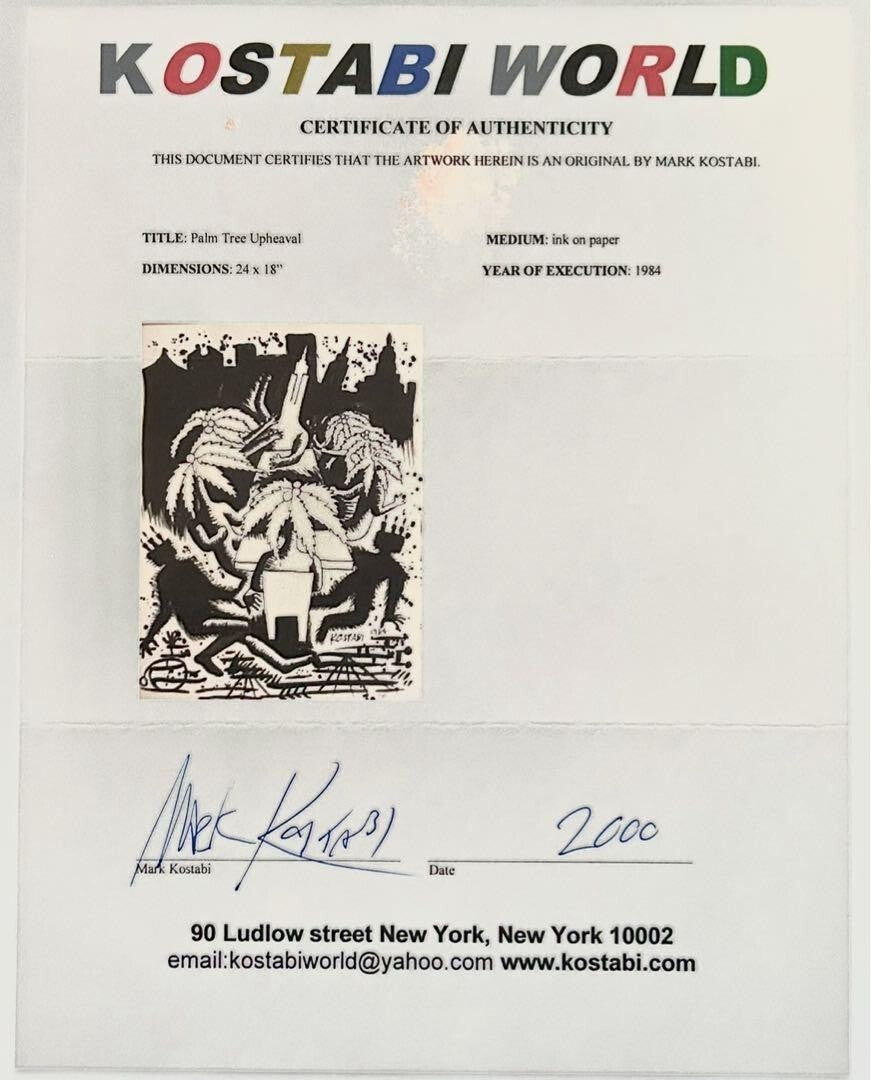 Mark Kostabi 1984 Original Painting Drawing Black Ink On Paper Signed Coa