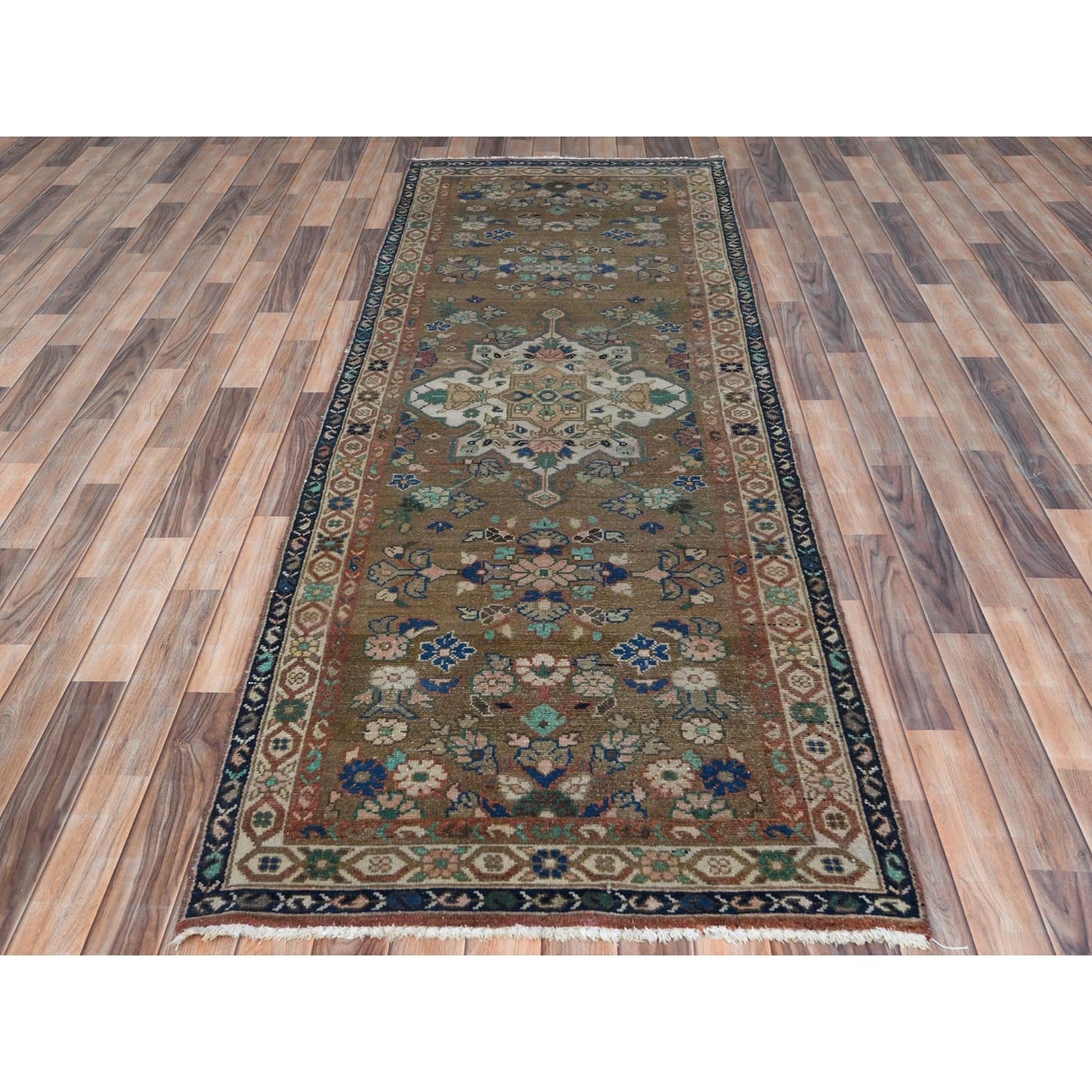 3'4"X9'9" Brown Vintage Farsian Amadan Worn Wool Hand Knotted Runner Rug