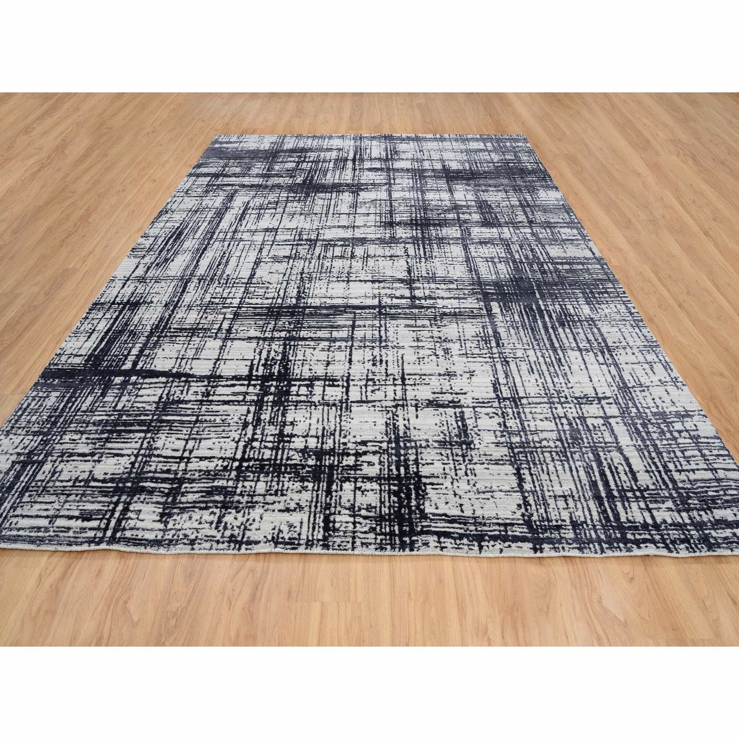 9'X11'10" Black Modern Design Wool And Silk Hand Loomed Rug