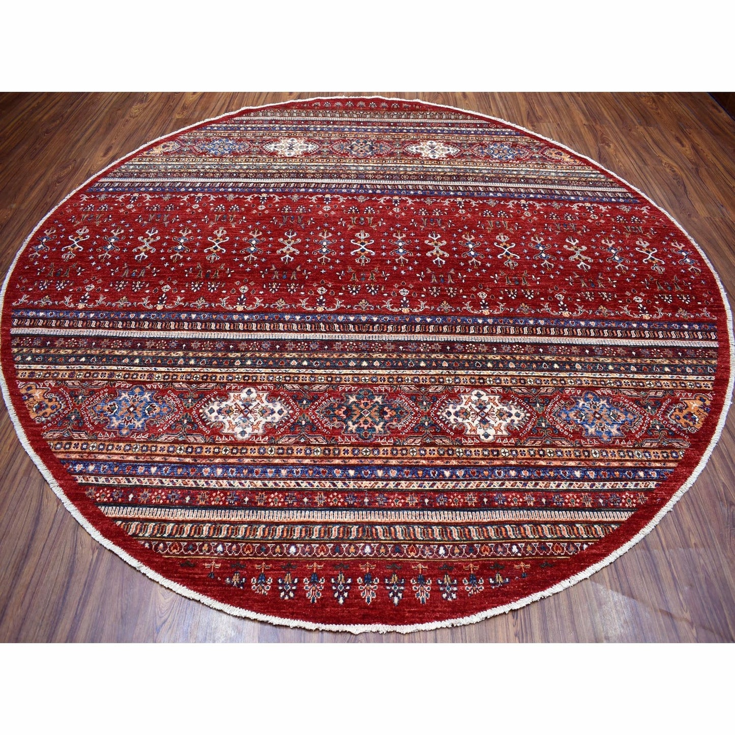 9'7"X9'7" Red Round Super Kazak Khorjin Design Natural Wool Oriental Rug