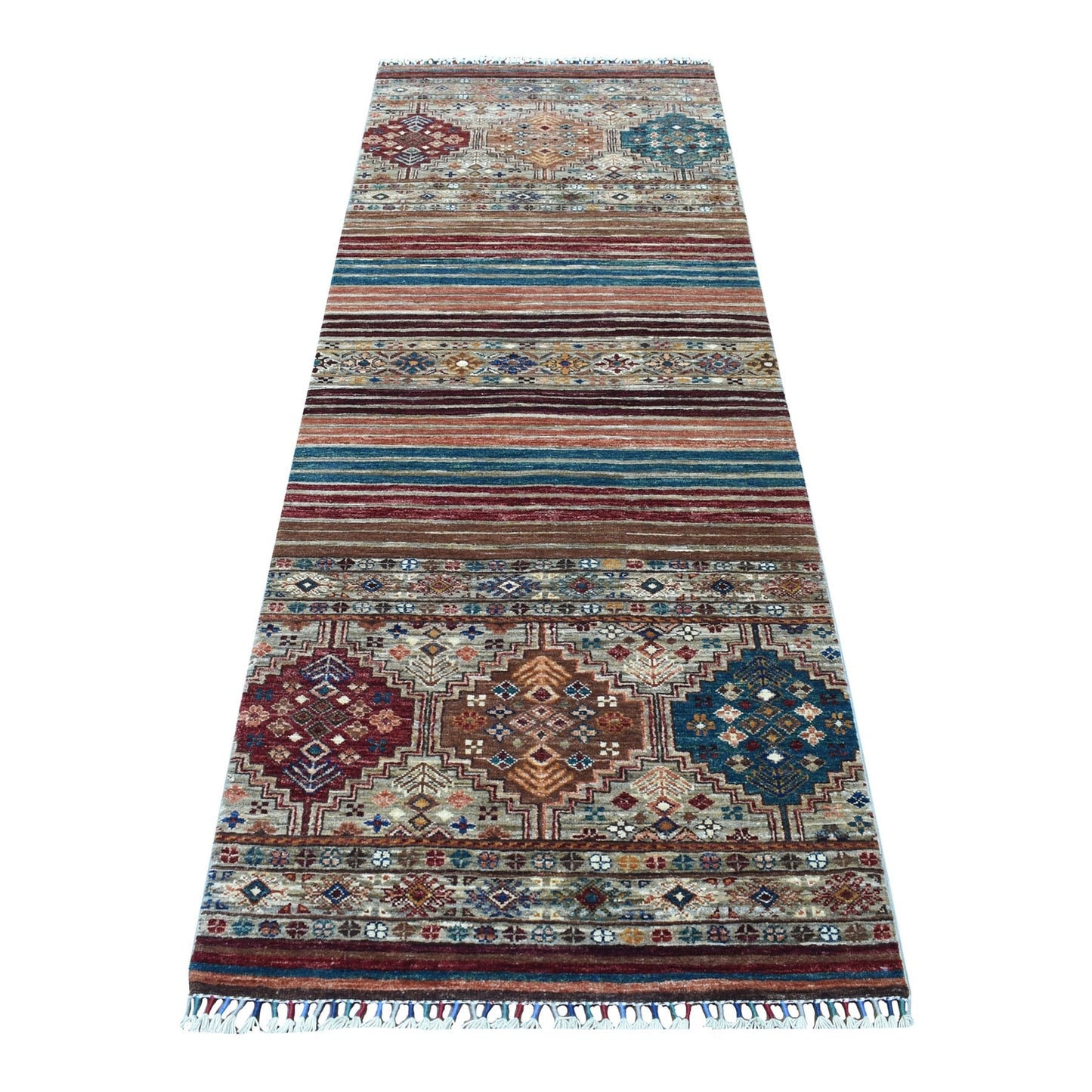 2'9"X8' Taupe Super Kazak Khorjin Design Wool Hand Knotted Runner Rug