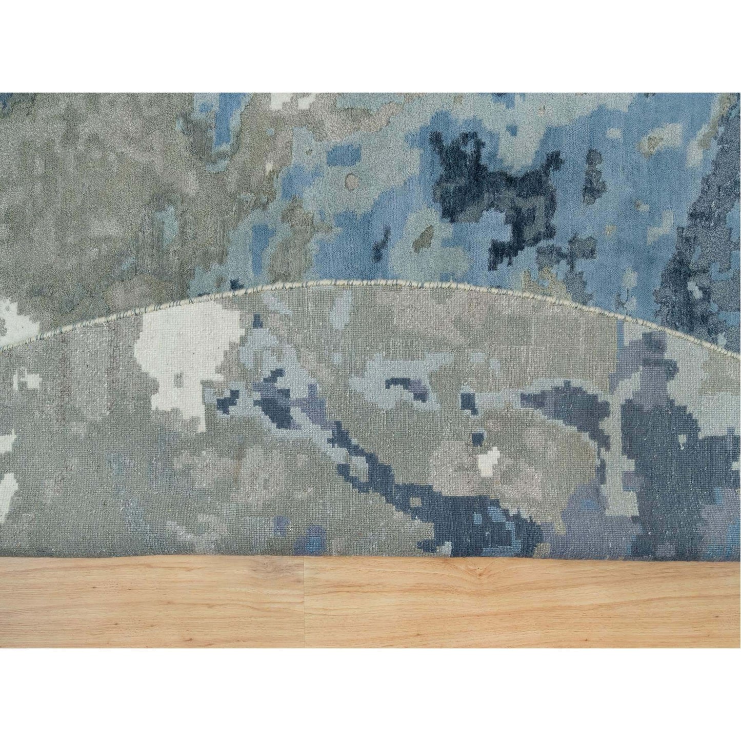 12'X12' Steel Blue Abstract Galaxy Wool And Silk Hand Knotted Round Rug
