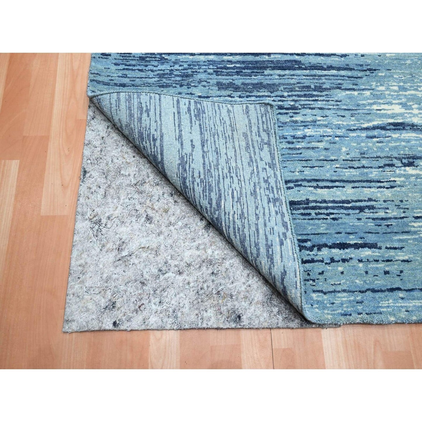 9'X12'3" Cerulean Blue Pure Wool Horizontal Ombre Design Hand Knotted Rug