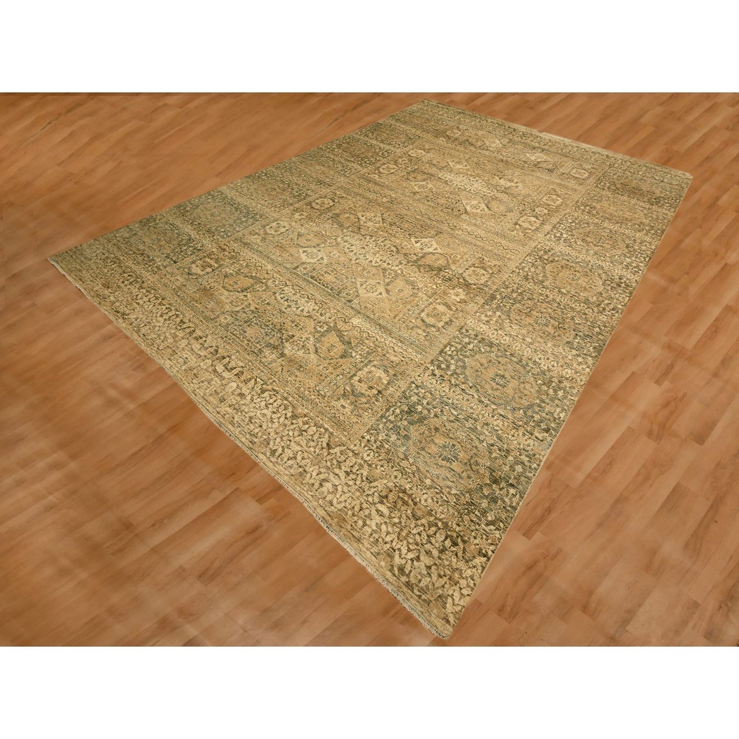 10'X13'8" Brown Mamluk Design Hand Knotted Wool Zero Pile Shaved Low Rug