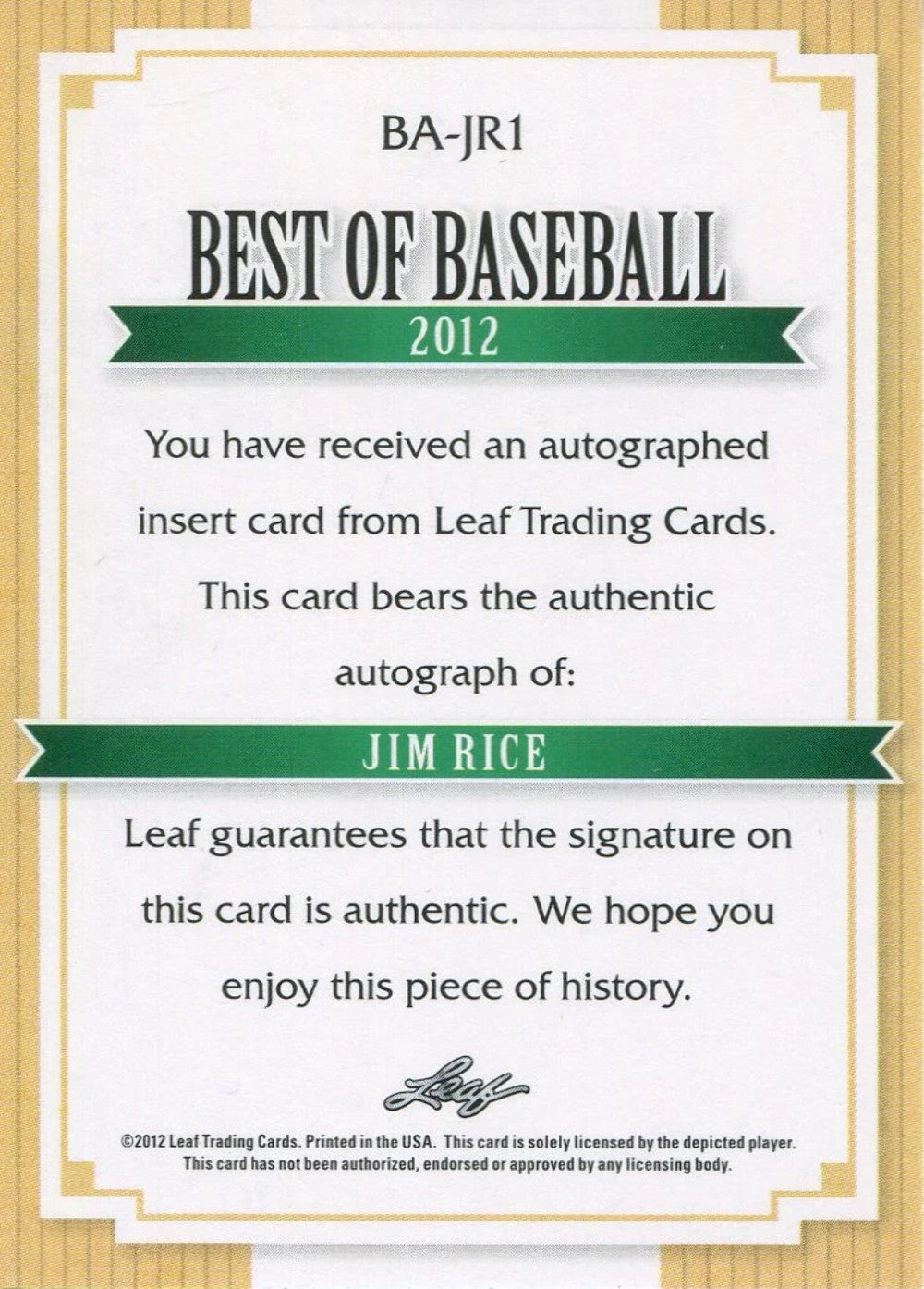 Jim Rice 2012 Leaf Autographed Card