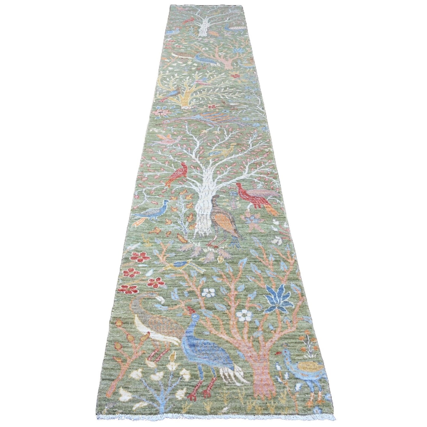 2'7"X15'1" Green Soft Wool Peshawar Birds Design Hand Knotted Runner Rug