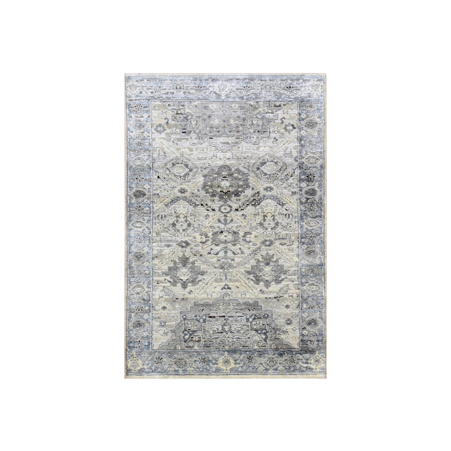 3'X5'2" Gray Hand Knotted Oushak Pure Silk And Textured Wool Rug