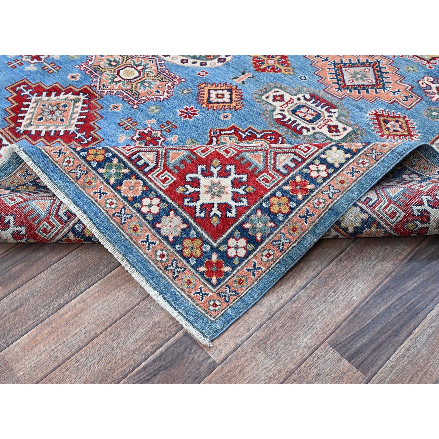 7'10"X9'8" Blue Kazak Tribal Medallions Design Hand Knotted Soft Wool Rug