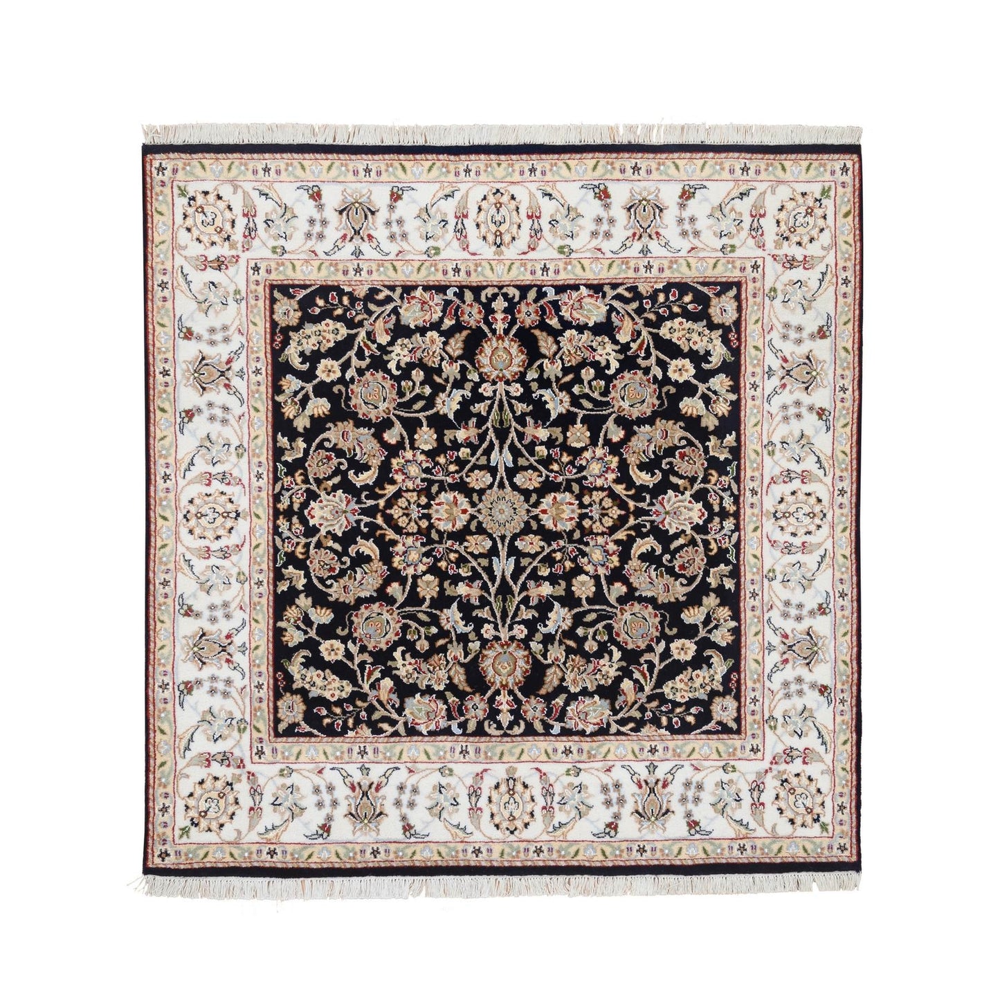 5'X5' Midnight Blue Hand Knotted Nain 250 Kpsi Pure Wool Square Rug