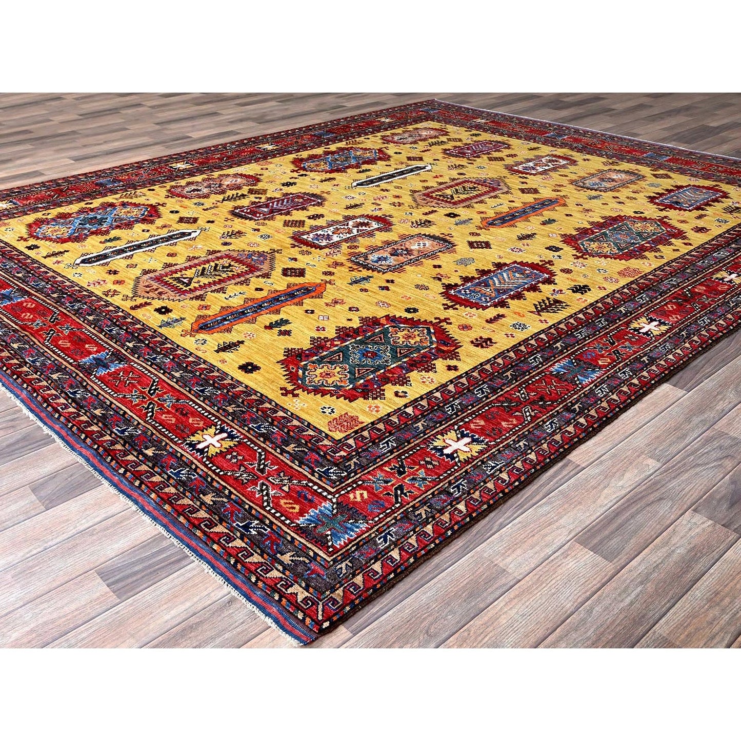 8'3"X9'8" Yellow Afghan Caucasian Design Revival Hand Knotted Soft Wool Rug