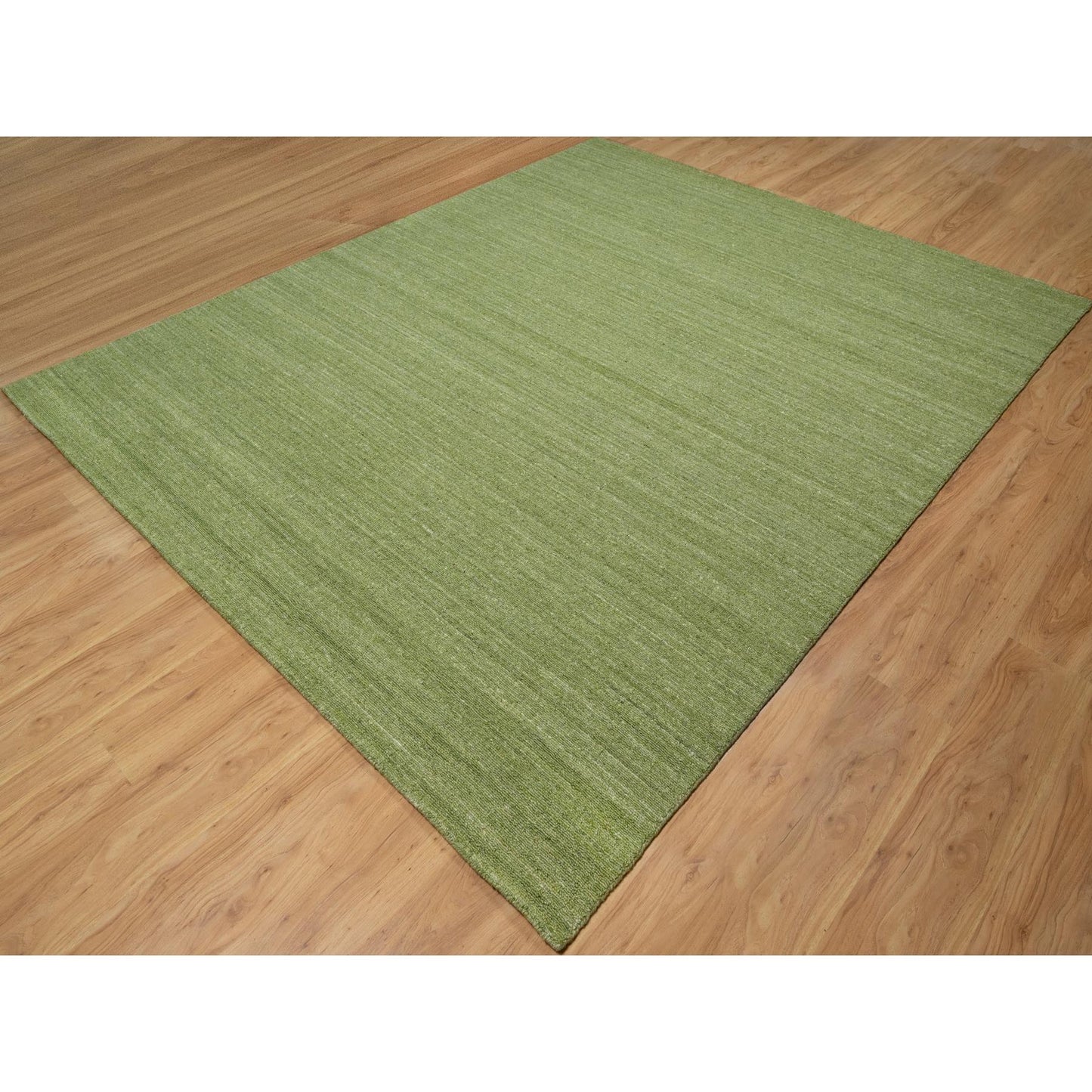 8'X10' Green Tone On Tone Plain Modern Striae Design Wool Hand Loomed Rug