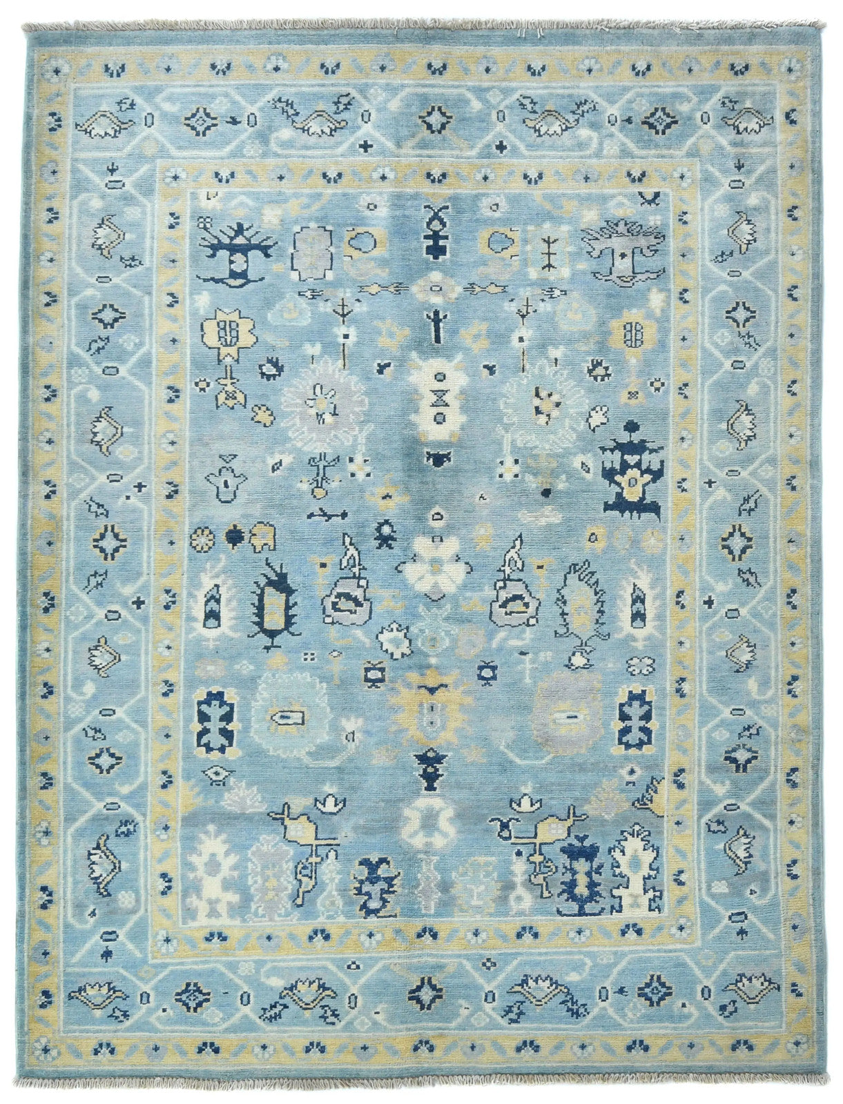 Blue Kazak Oushak Handmade Rug 4X5 Ft Floral