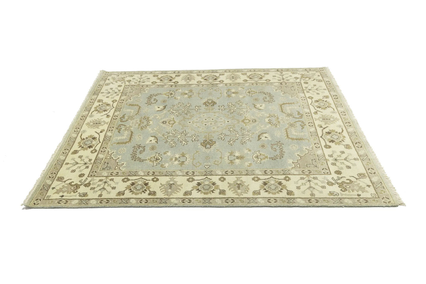 Handmade Oushak Chobi Wool Rug Light Gray Floral