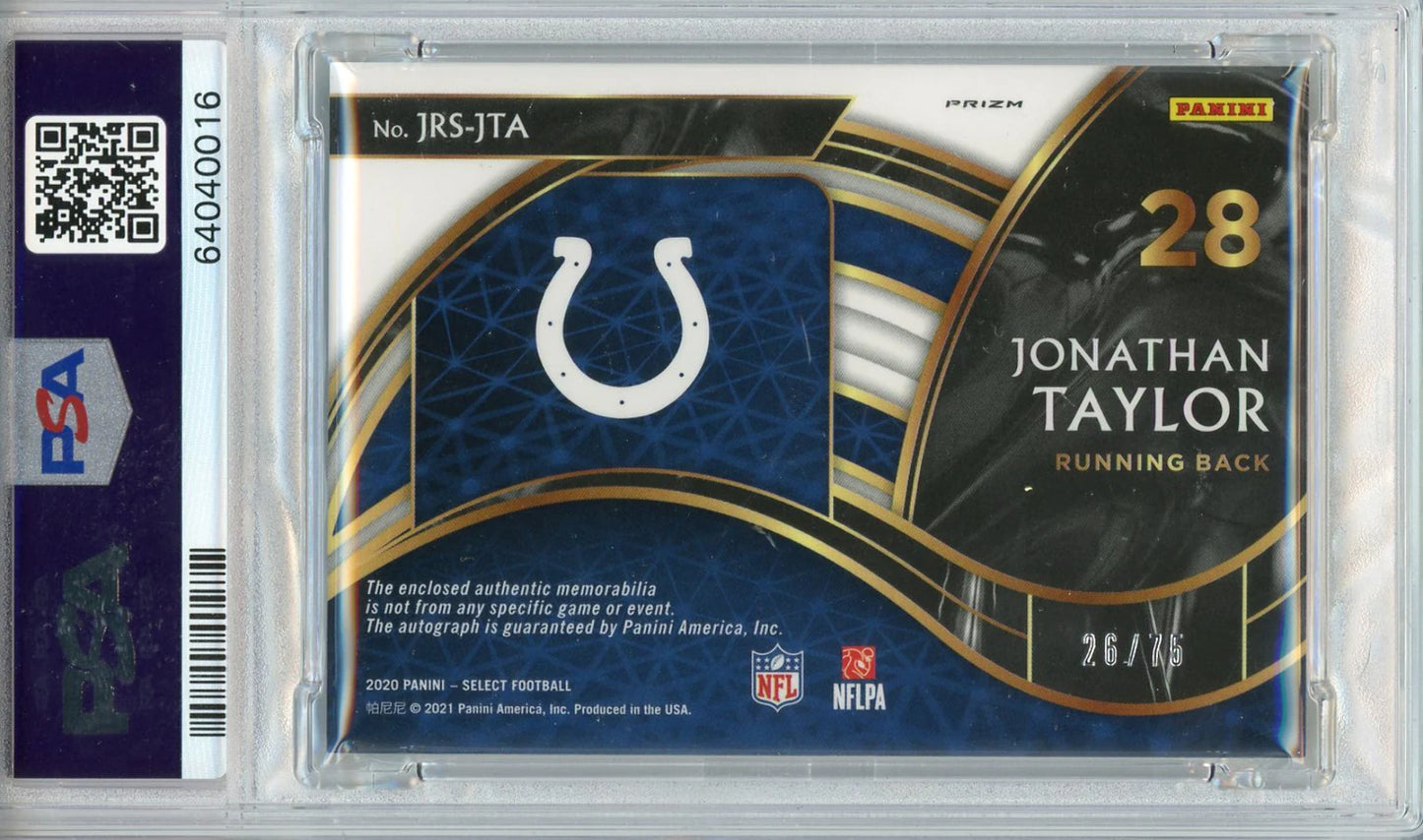 Jonathan Taylor Autographed 2020 Panini Select Jumbo Patch White Prizm Rookie Ca