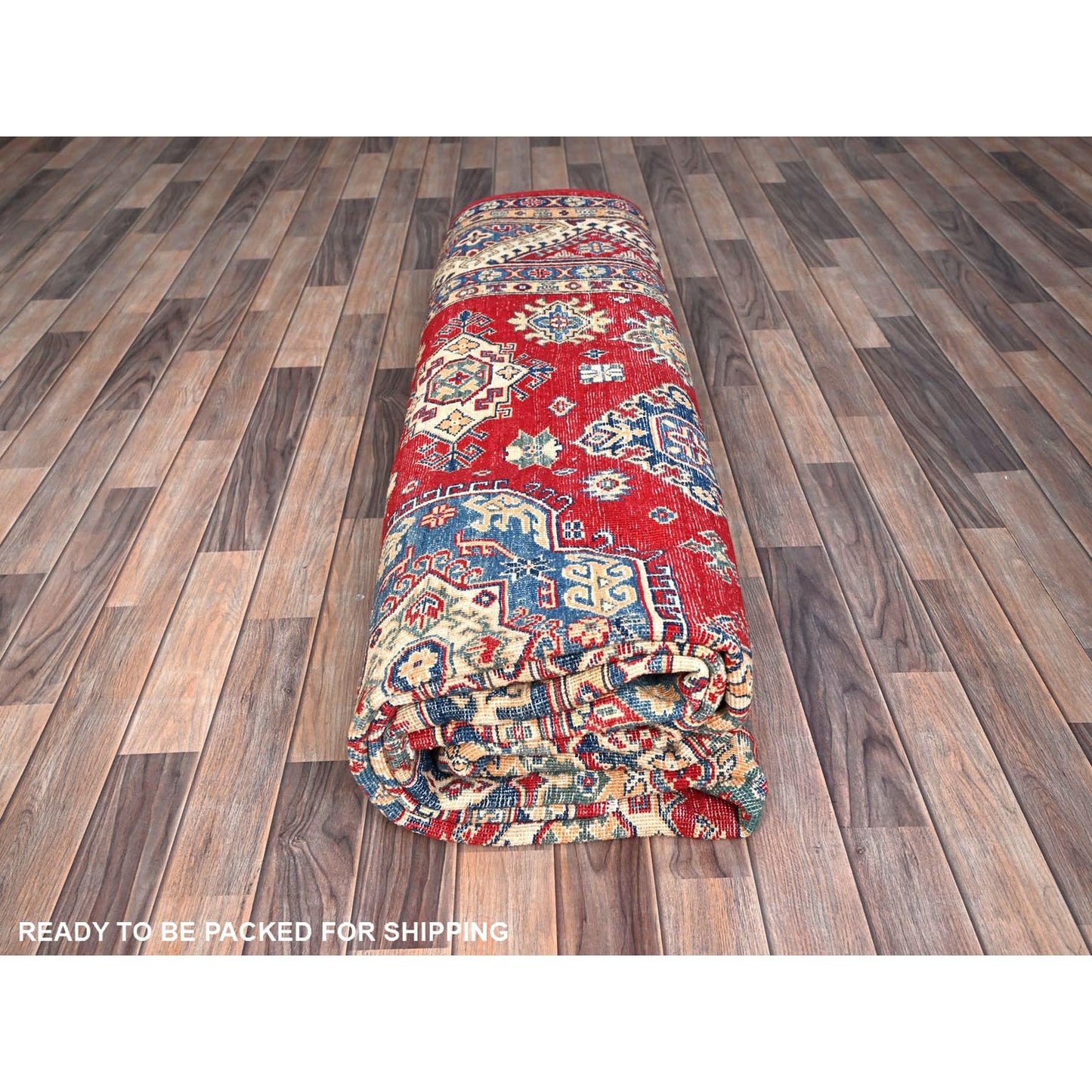 9'2"X11'6" Red Hand Knotted Soft Wool Kazak Tribal Motifs Oriental Rug