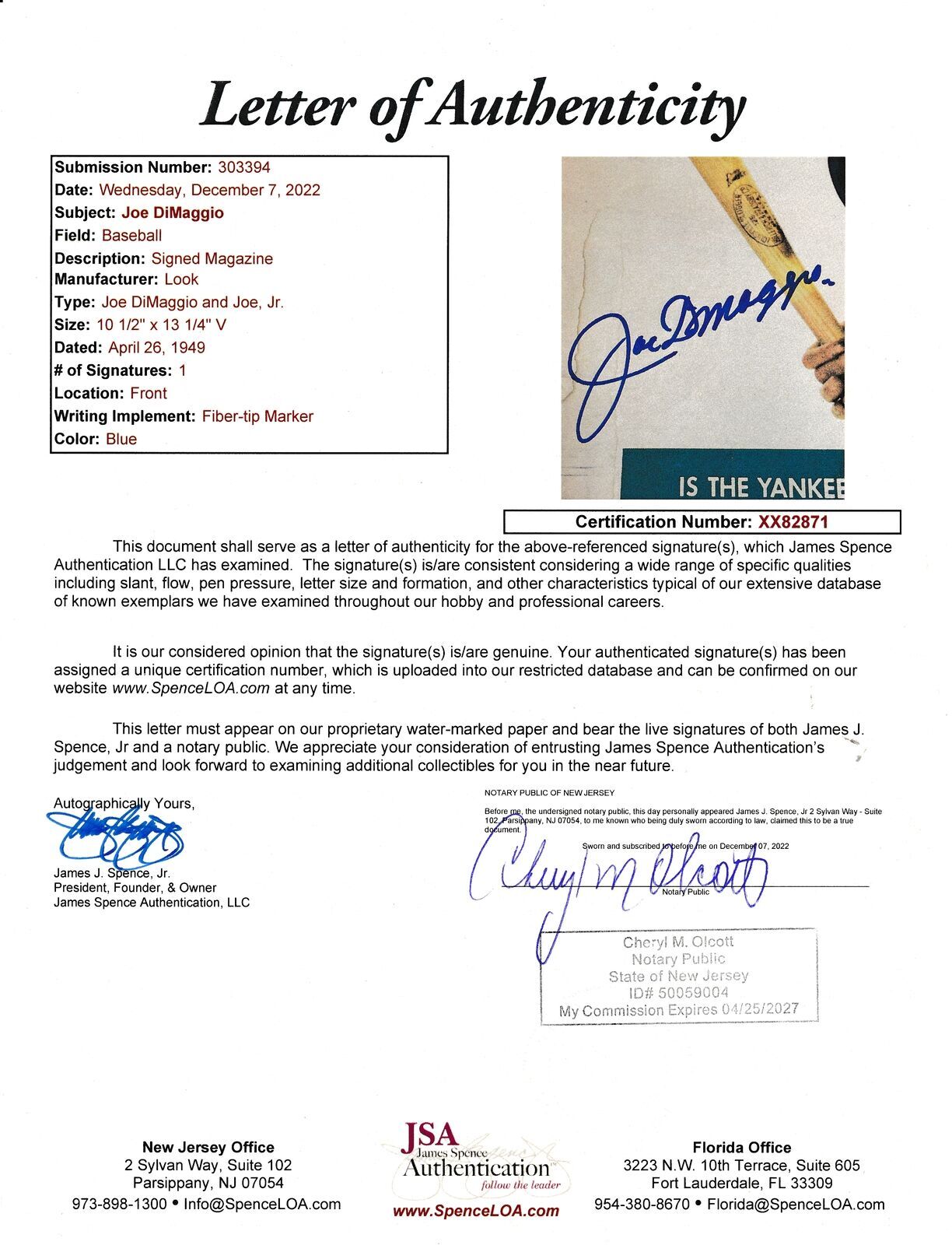 Joe Dimaggio Hof Autographed Signed 1949 Look