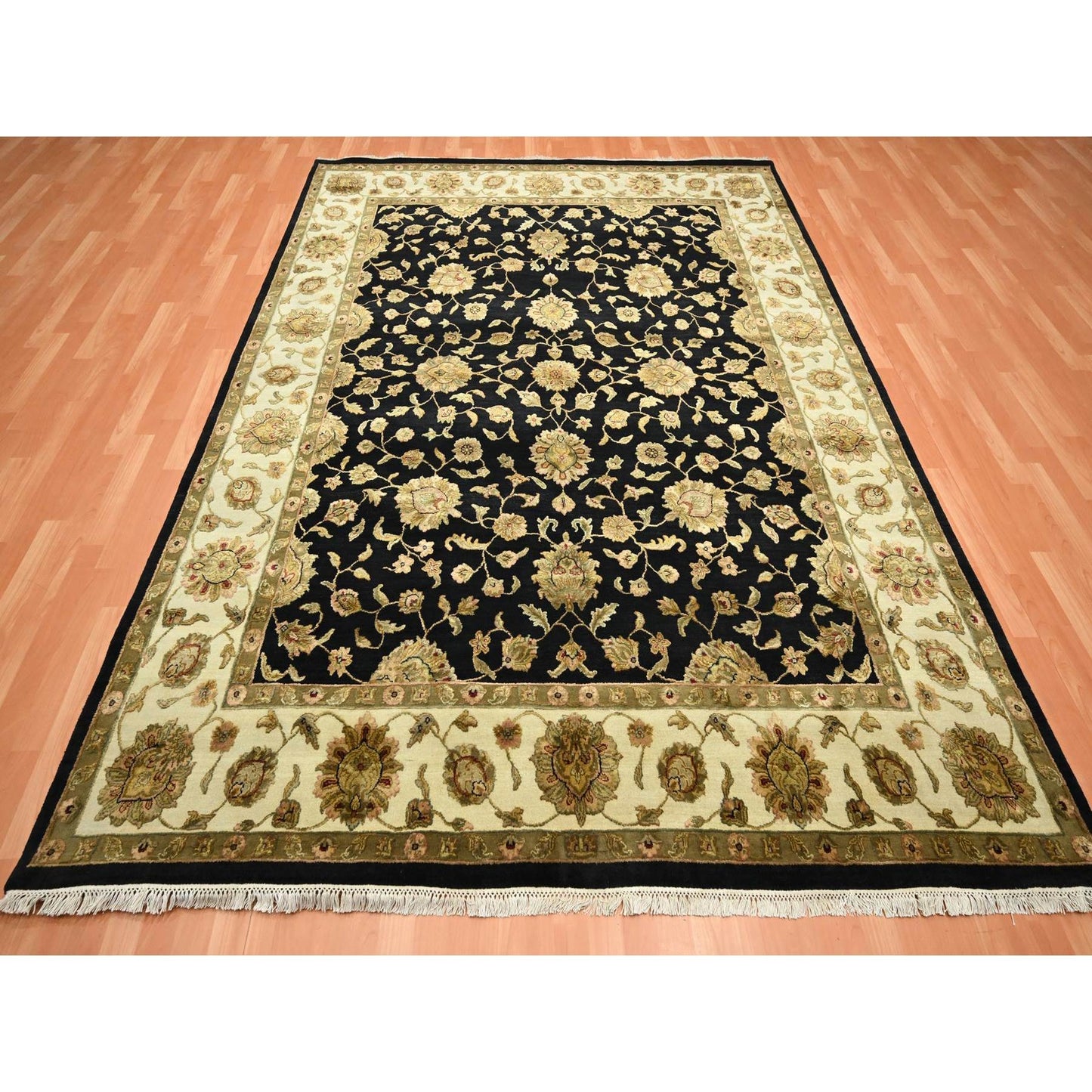 7'9"X10' Black Wool And Silk Hand Knotted Rajasthan All Over Design Rug