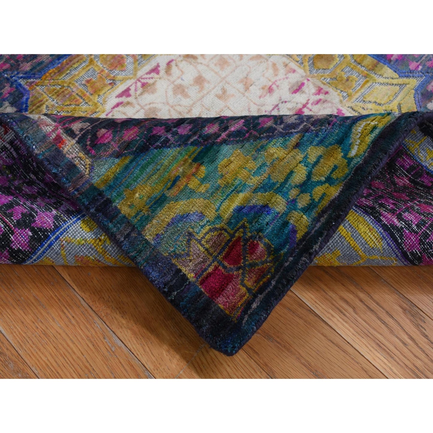 3'1"X16'1" Colorful Mamluk Design Silk With Wool Runner Hand Knotted Rug
