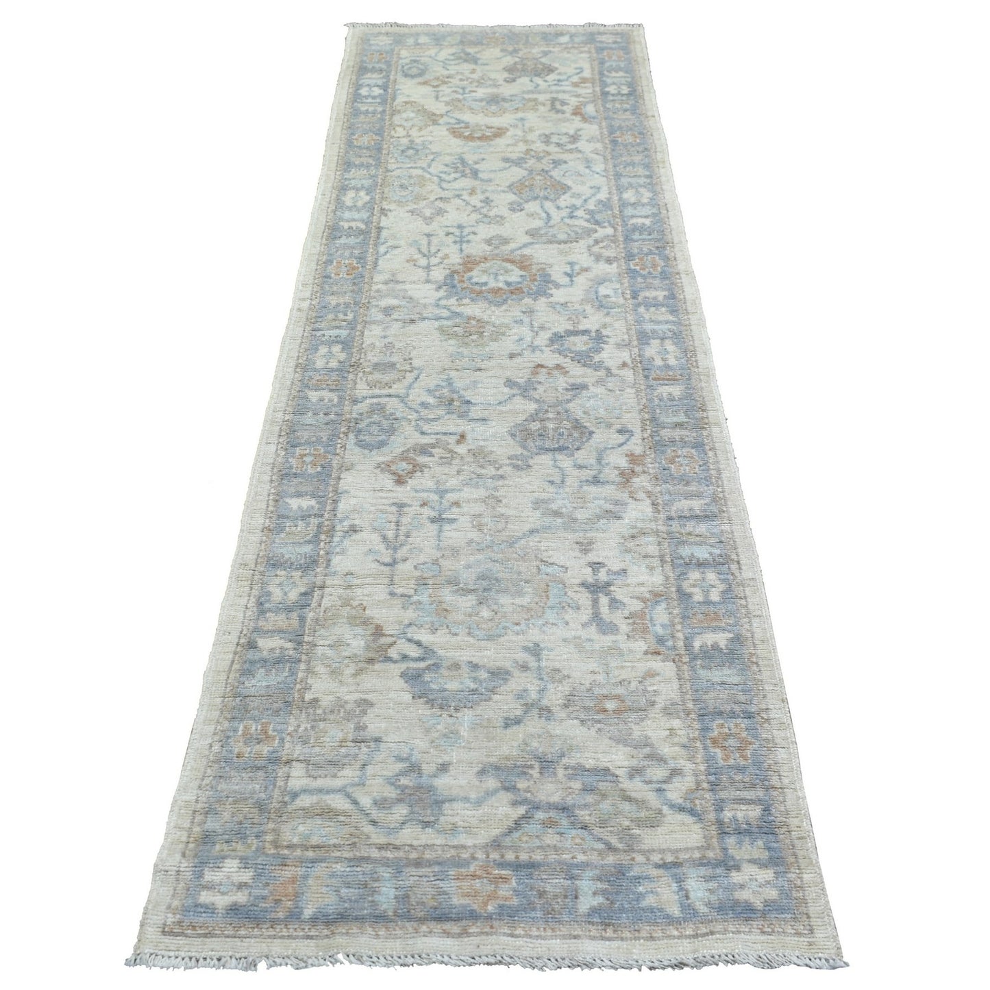 2'10"X9'5" Ivory Angora Oushak Leaf Design Hand Knotted Wool Runner Rug