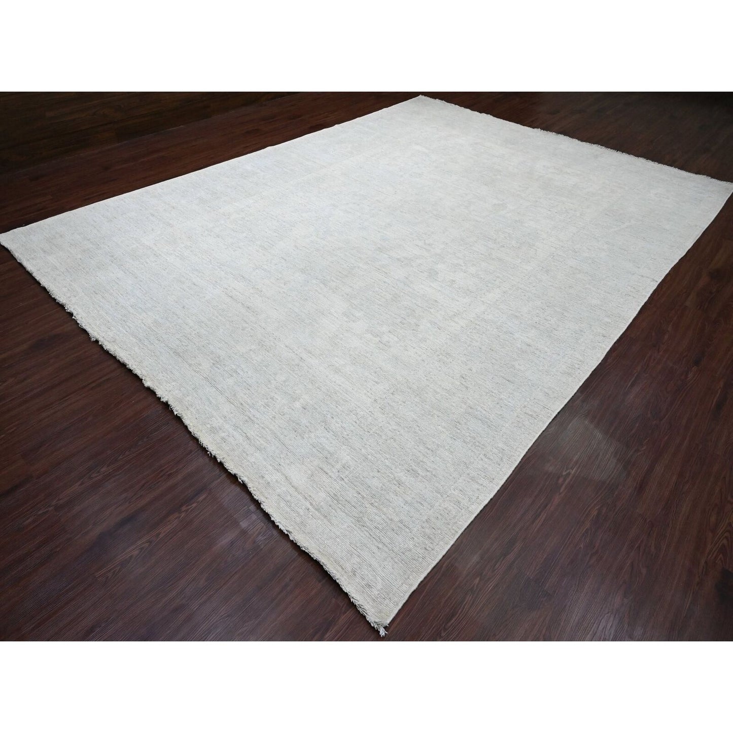 9'10"X13'9" Gray Afghan Angora Oushak Leaf Design Hand Knotted Wool Rug