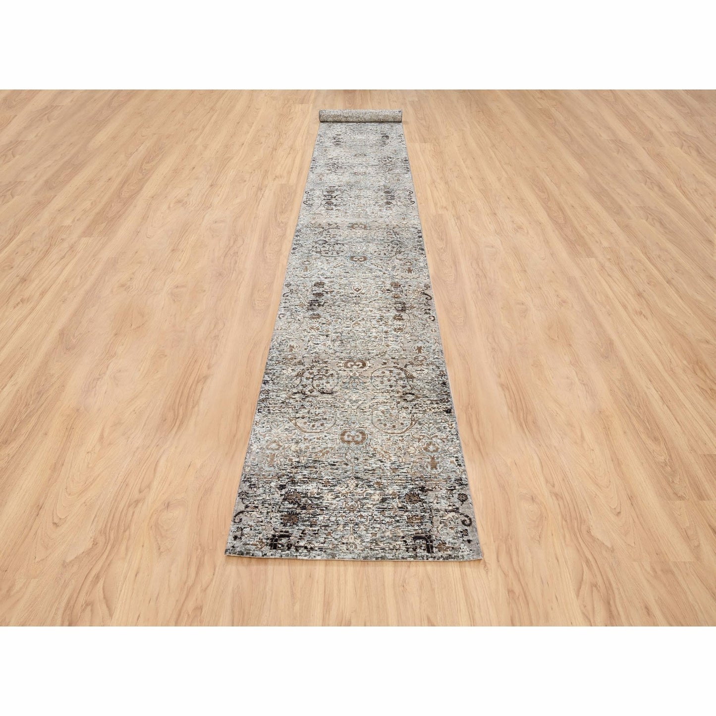 2'6"X16' Gray, Hand Knotted, Modern, Silk With Wool, Xl Runner, Rug