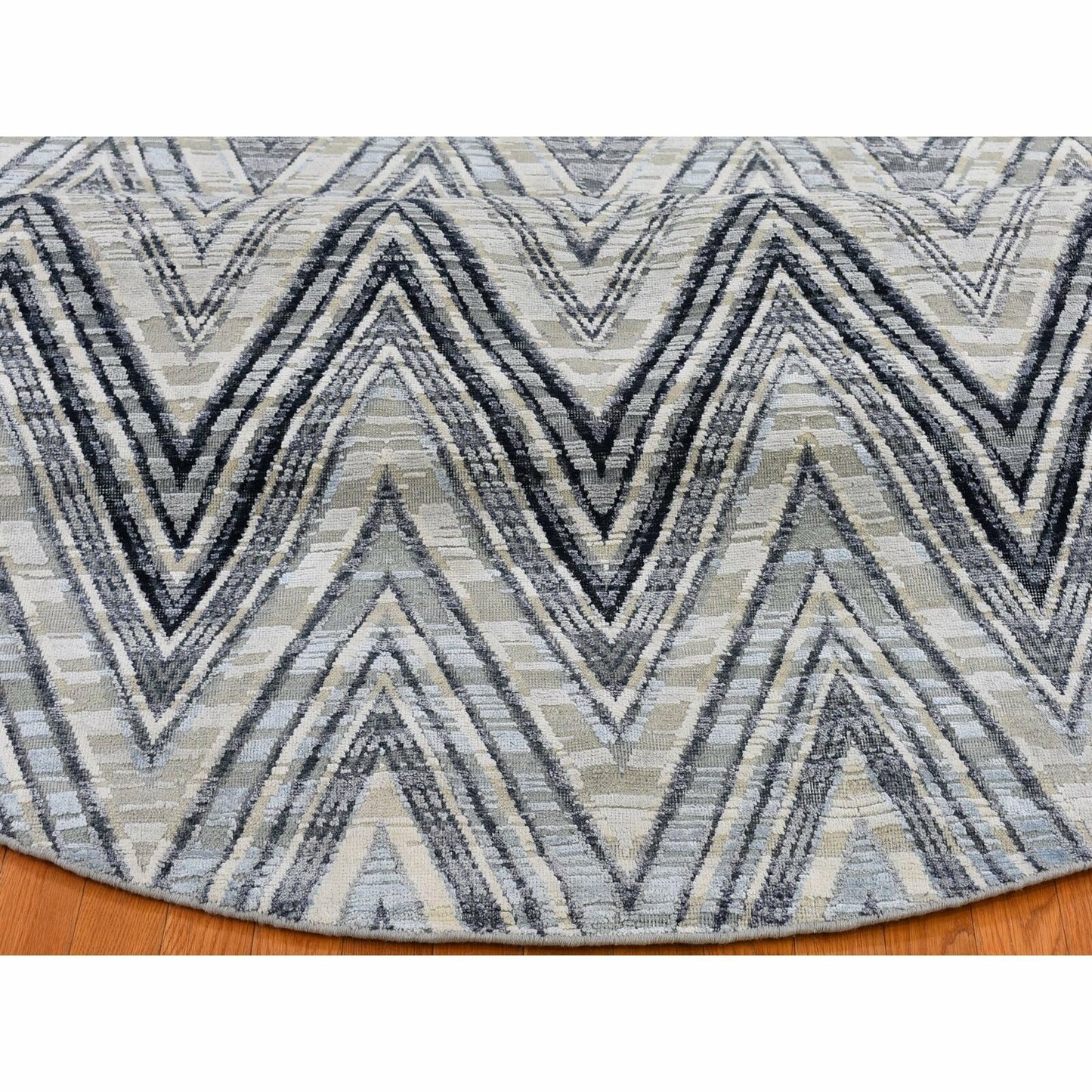 9'X9' Gray Chevron Design Textured Wool And Silk Hand Knotted Round Rug