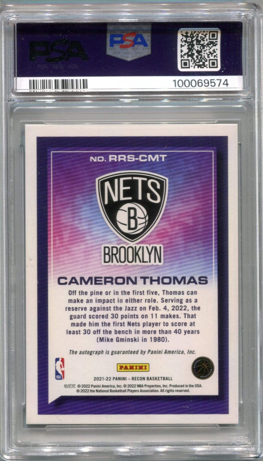 Cameron Thomas Panini Recon Auto #Rrscmt /49 Psa 9