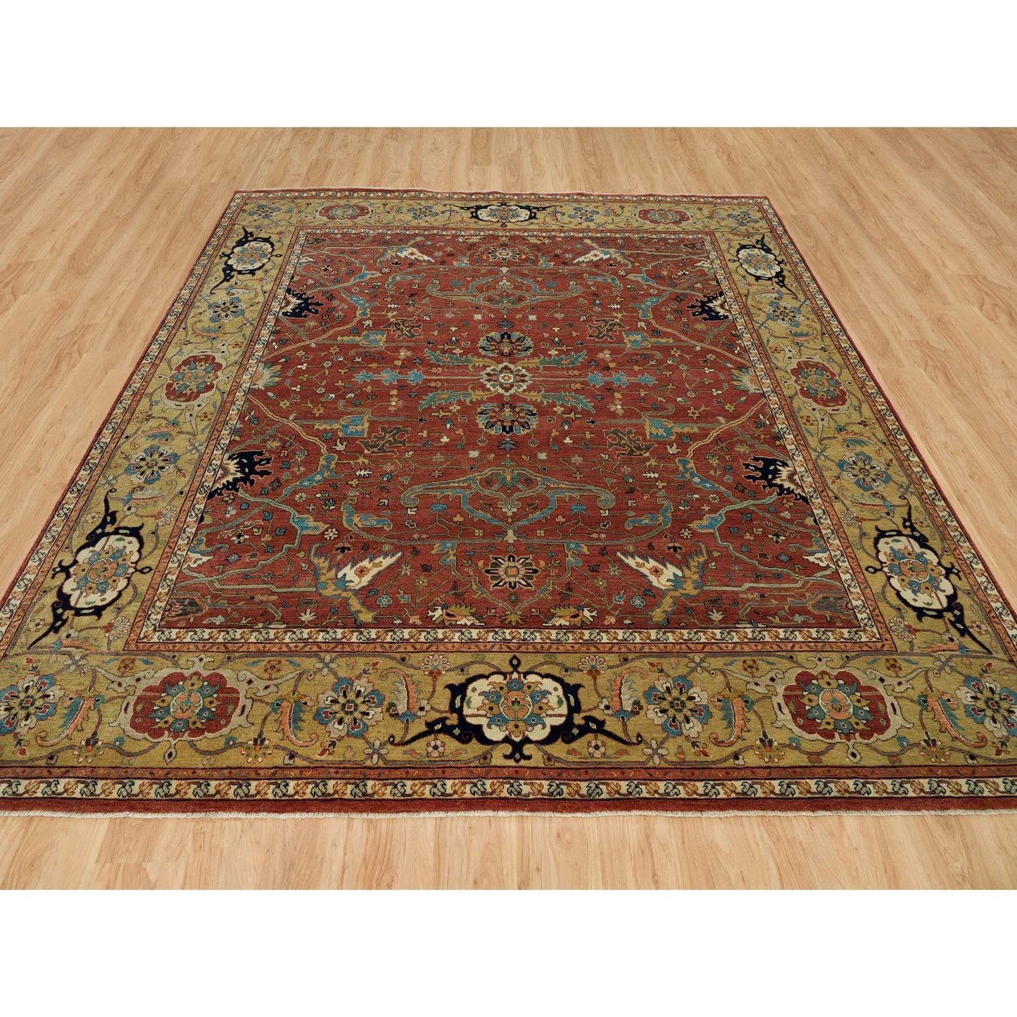 10'X10' Henna Red Antiqued Heris Hand Knotted Wool Square Oriental Rug