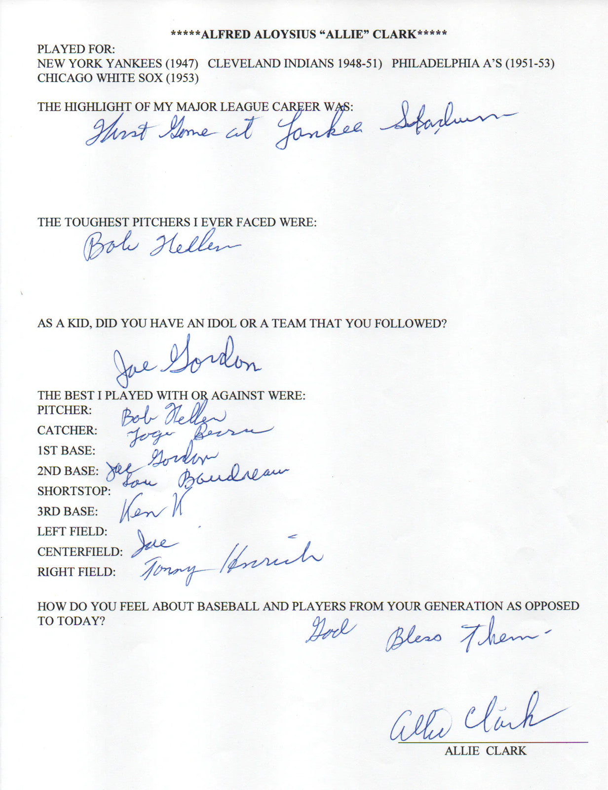 Allie Clark Autographed Hand Filled Out Survey Page (Jsa)