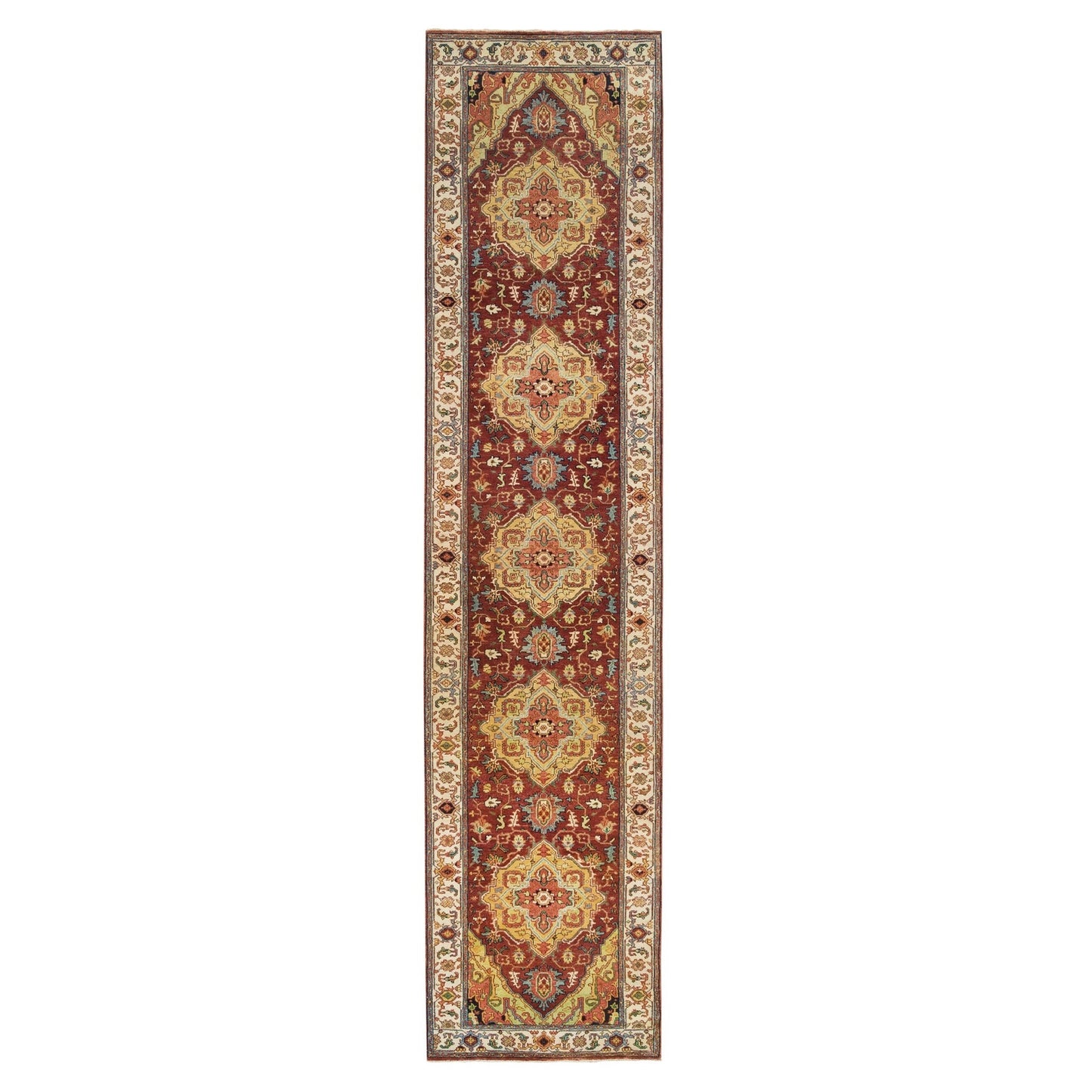 2'7"X12' Red Fine Heris Re-Creation Wool Hand Knotted Runner Rug